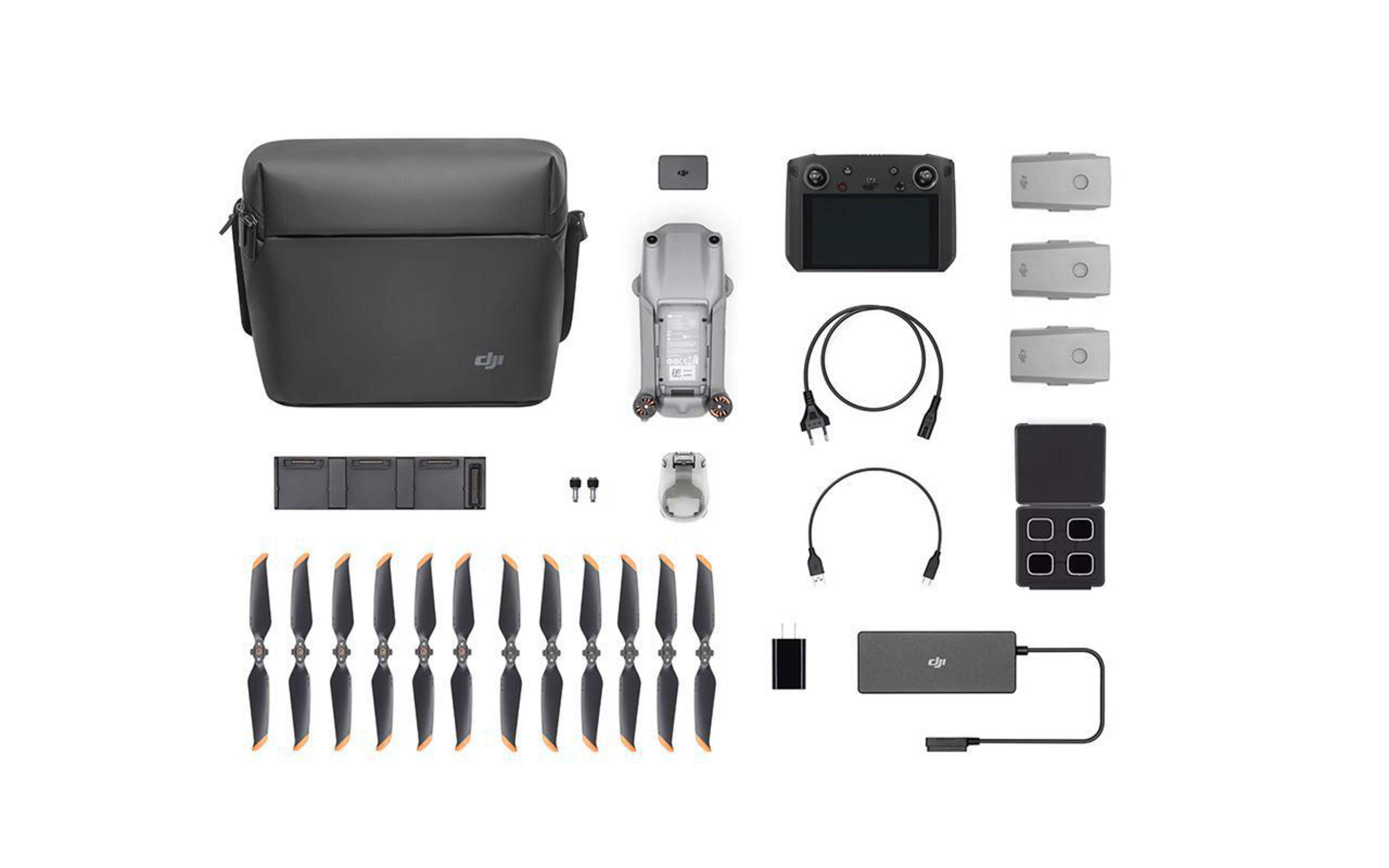Drohnen-Teile: Tasche, Drohne, Fernbedienung, Batterien, Propeller, Ladegerät und mehr.
