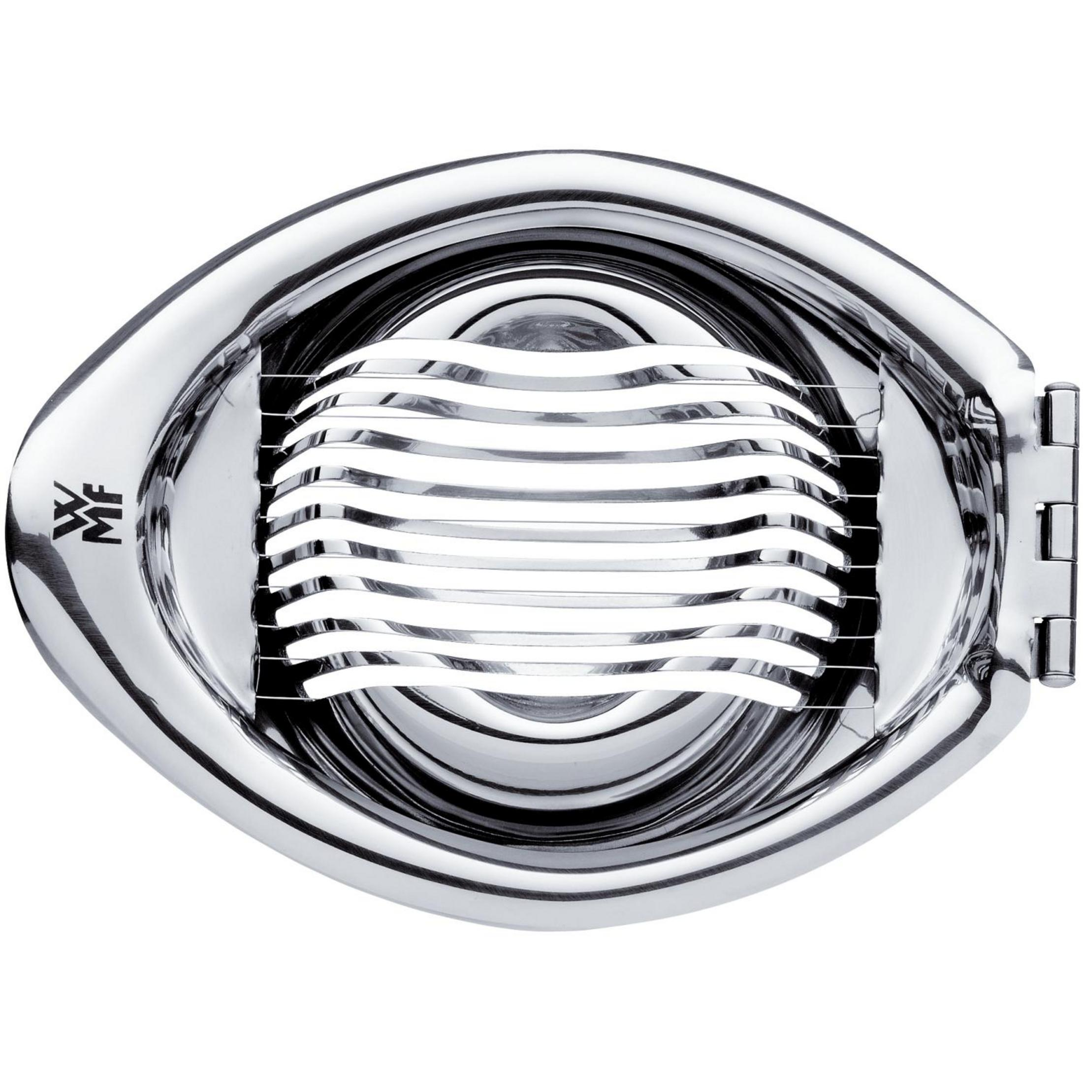 Eierschneider aus Chrom. Der Schneider hat ein gebogenes Design und mehrere Drahtklingen.