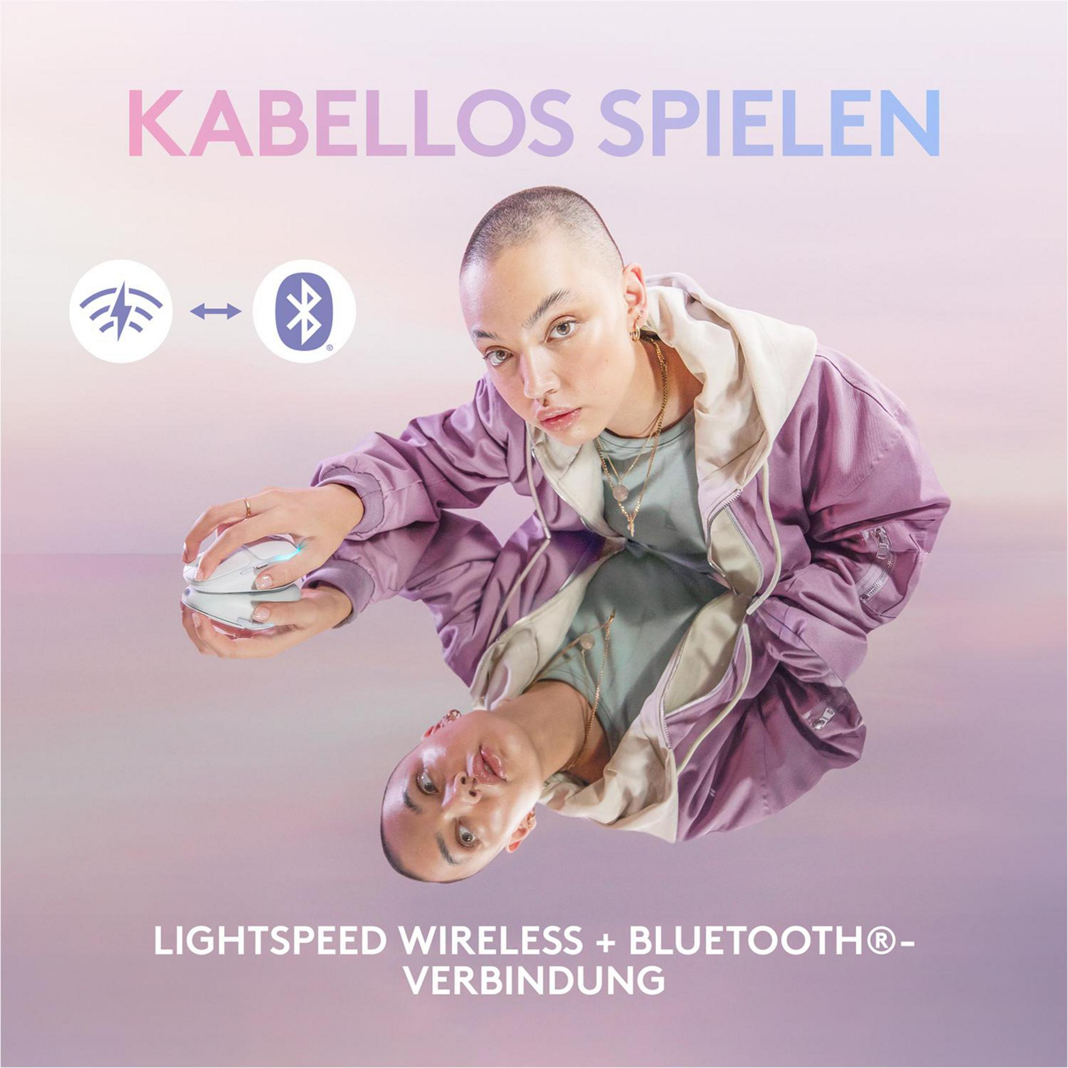 Odbicie osoby z myszą. Tekst: LIGHTSPEED WIRELESS + BLUETOOTH. Mysz bezprzewodowa i osoba w bluzie z kapturem.