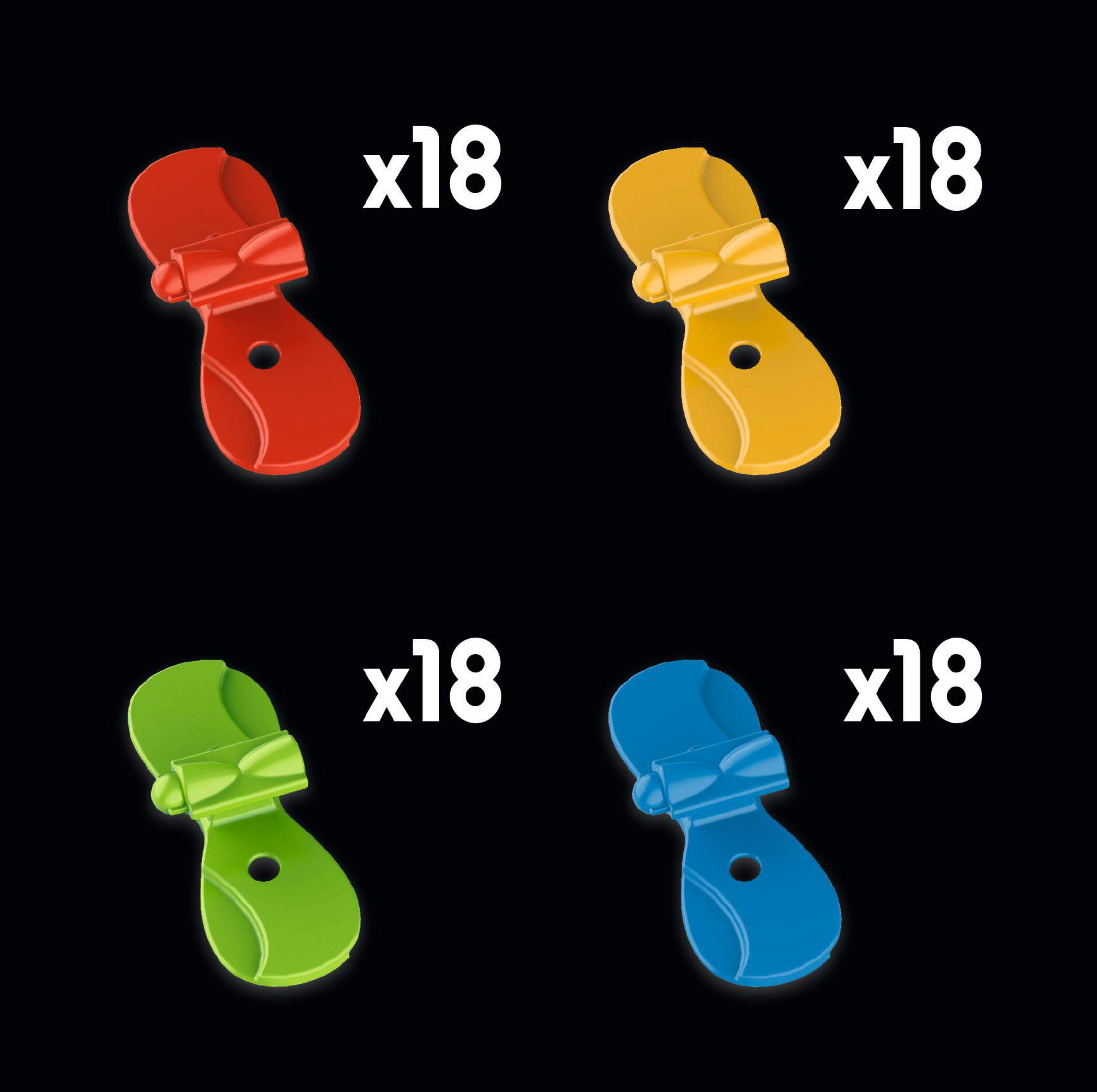 Vier Paare rote, gelbe, grüne und blaue Flip-Flops, jeweils mit x18 Text.