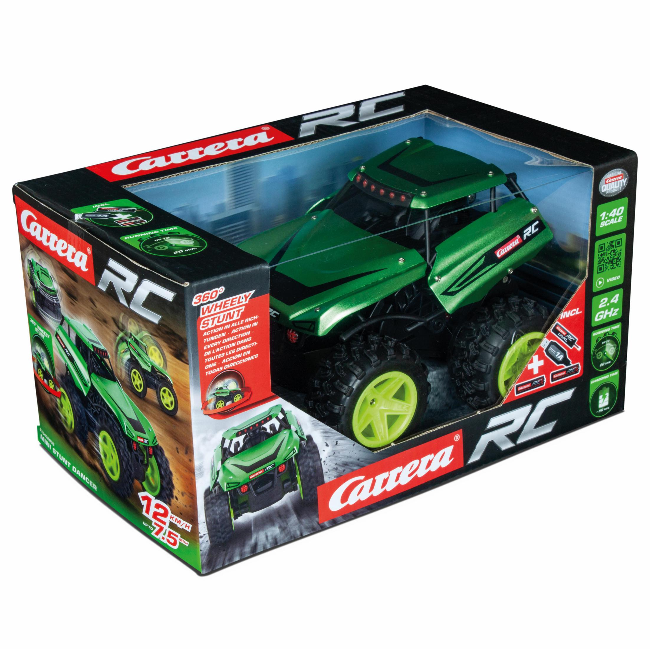 Grünes und schwarzes Spielzeugauto in einer Box. Box hat Bilder und Text.