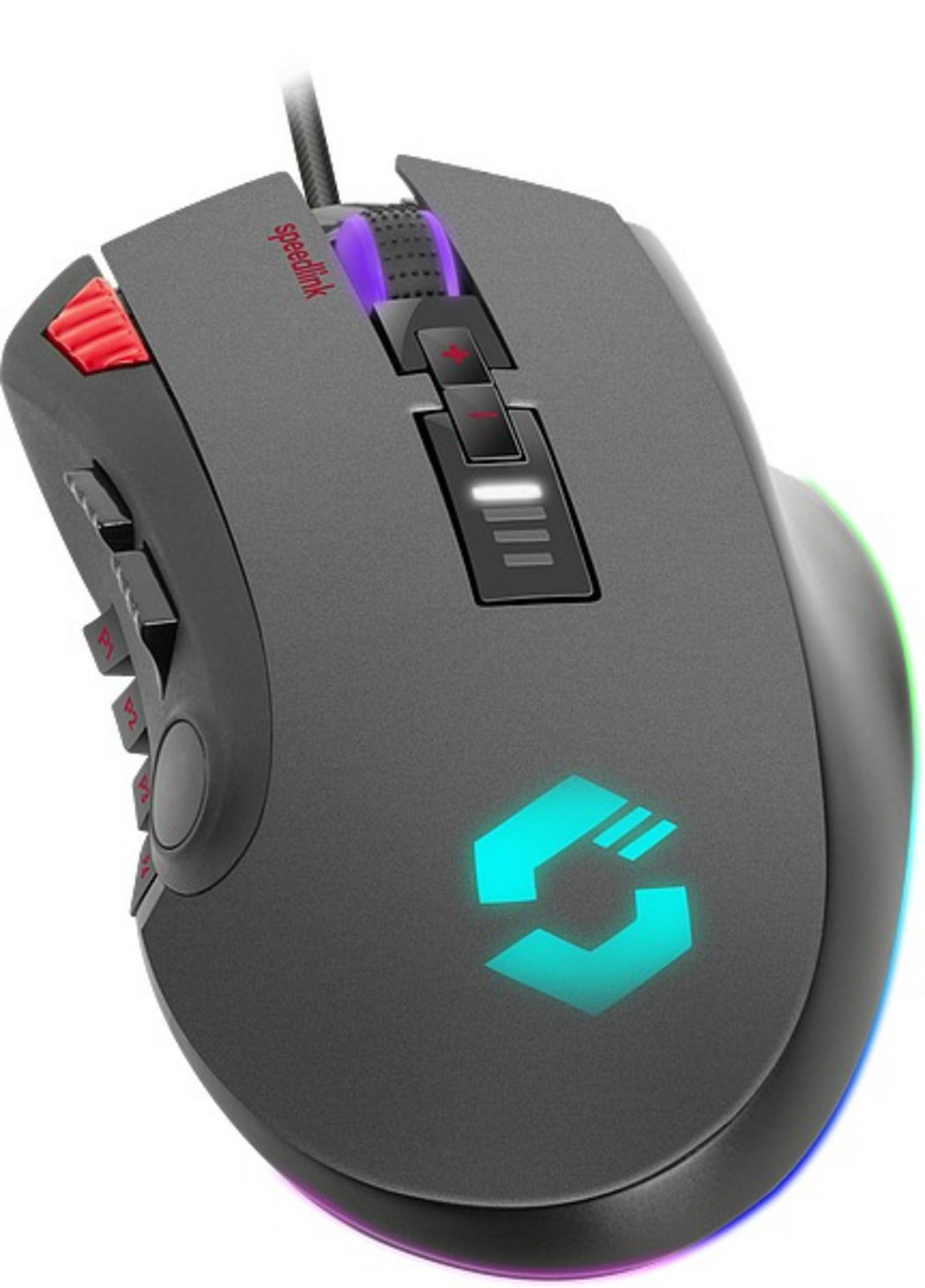 Mouse da gioco, grigio scuro con dettagli rossi. Logo illuminato. Tasti laterali rossi.