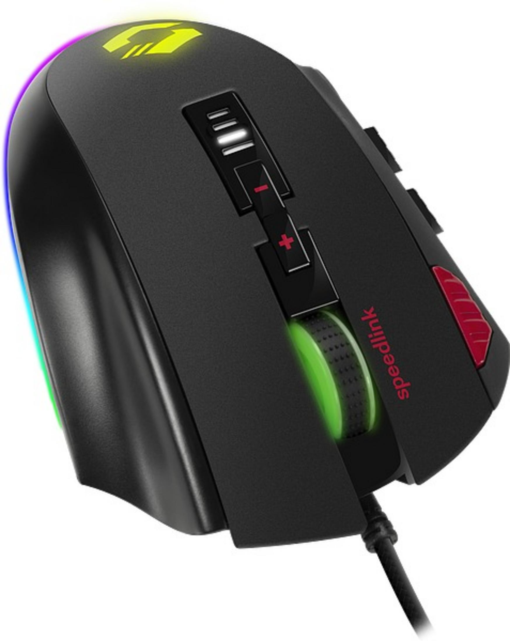 Mouse da gaming nero con rotella verde. Lo sfondo è bianco.