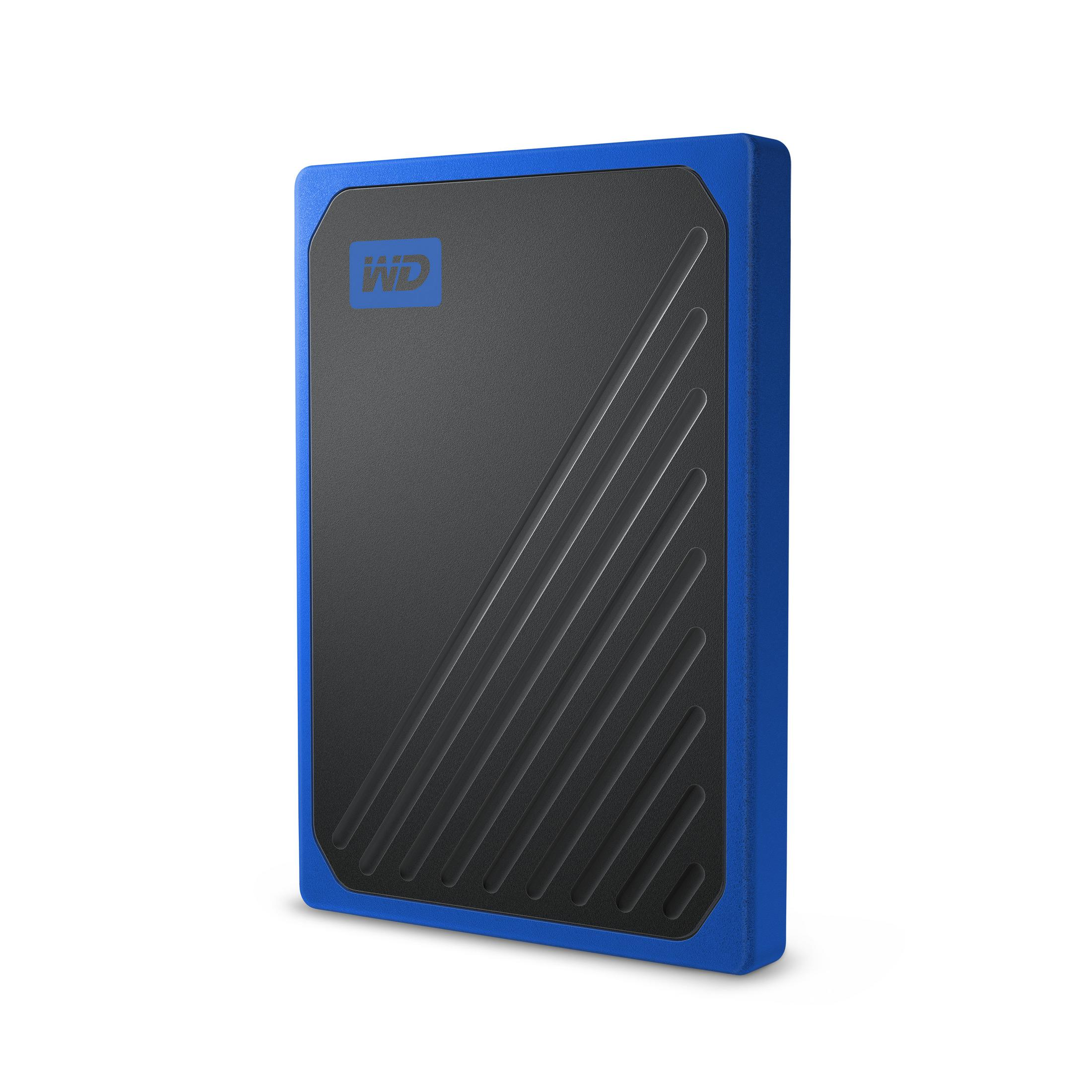 Blaue und schwarze externe Festplatte. Das WD-Logo befindet sich oben links.