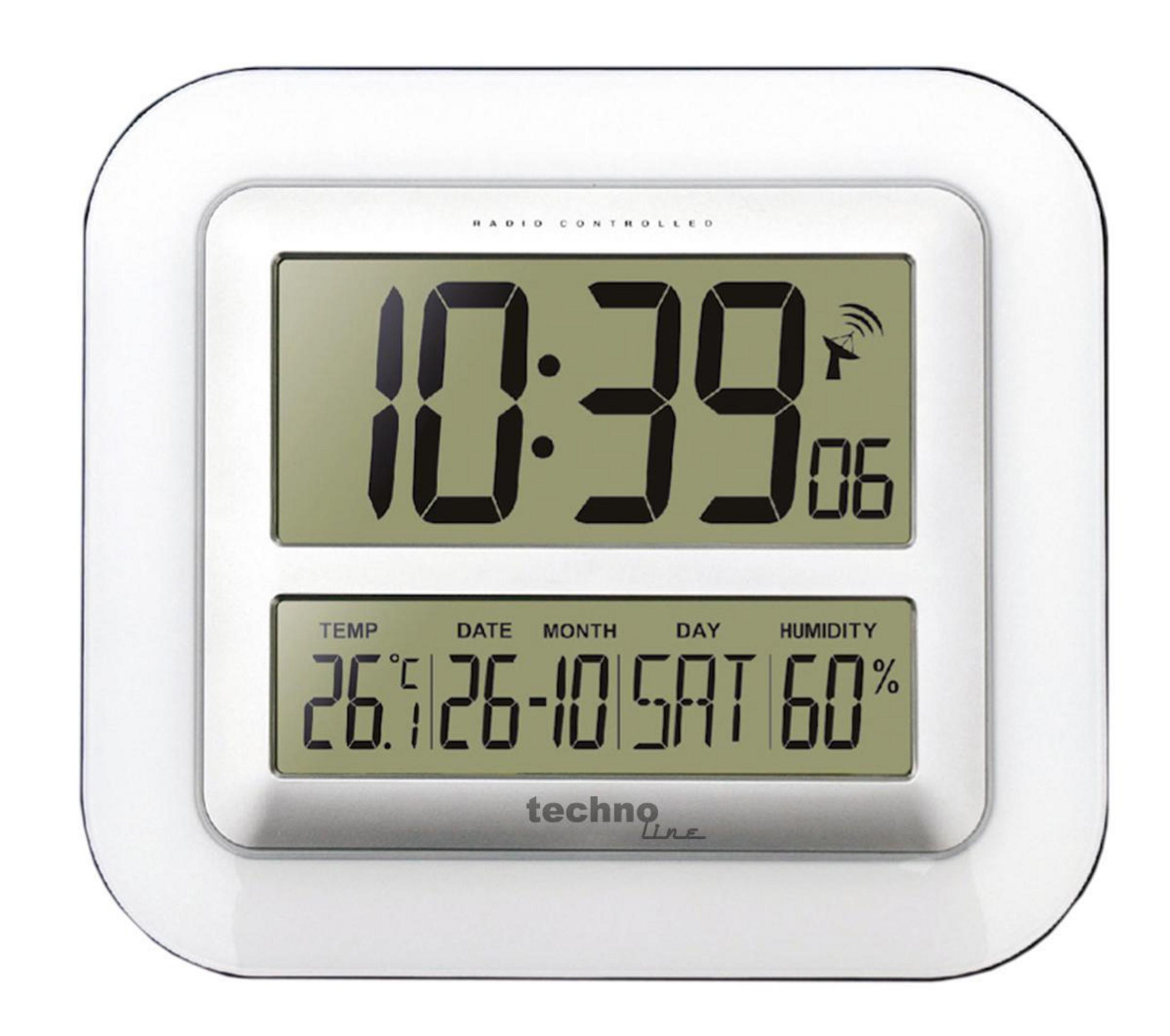 Biały zegar cyfrowy wyświetlający godzinę, datę i wilgotność.