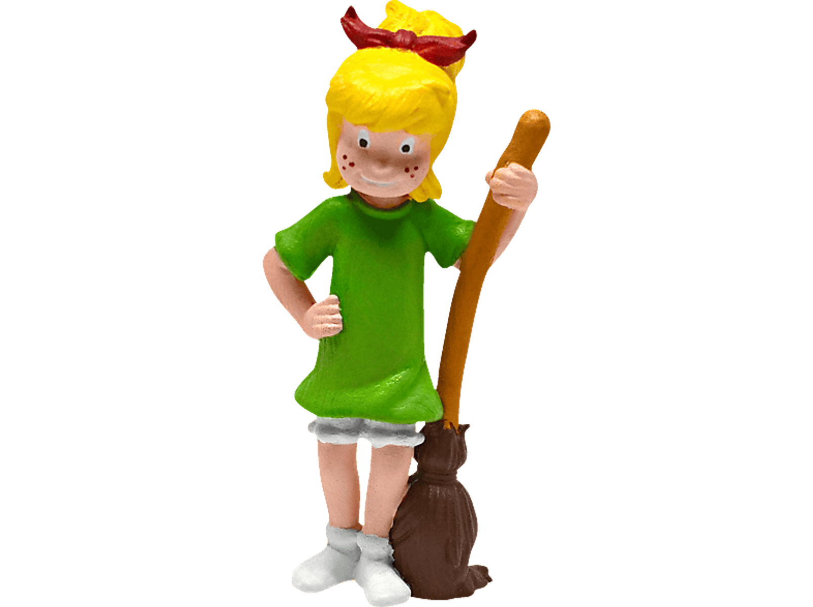 Cartoon-Mädchen mit Besen. Sie trägt grünes Kleid und hat blonde Haare.