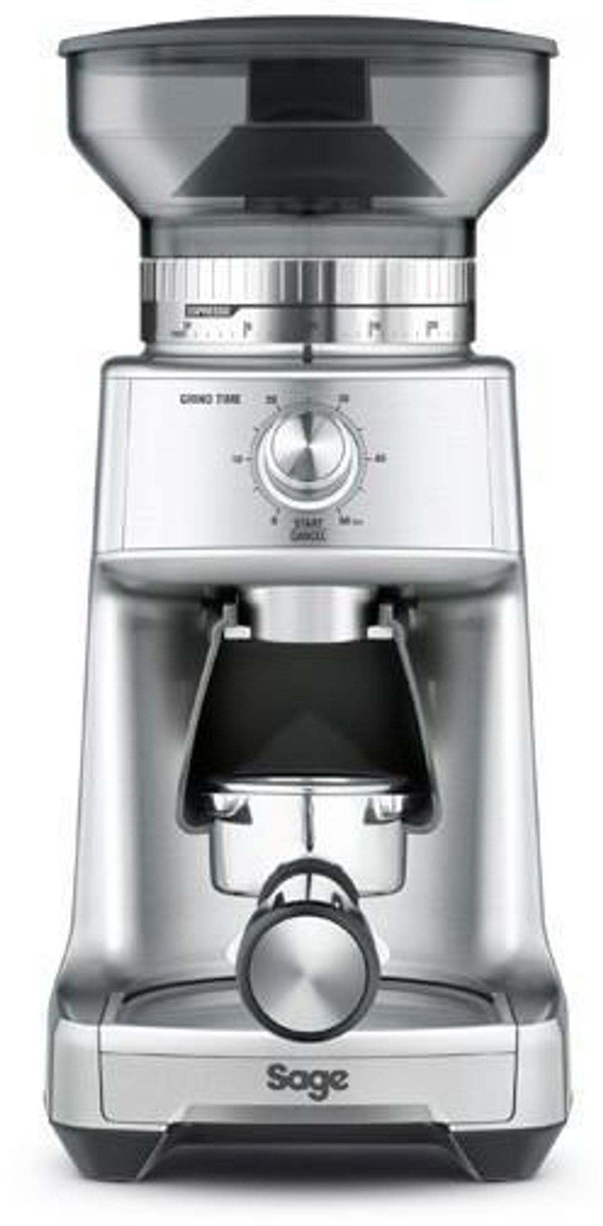 Molinillo de café espresso plateado. Tiene una tapa negra y un dial para controlar el tiempo de molienda.