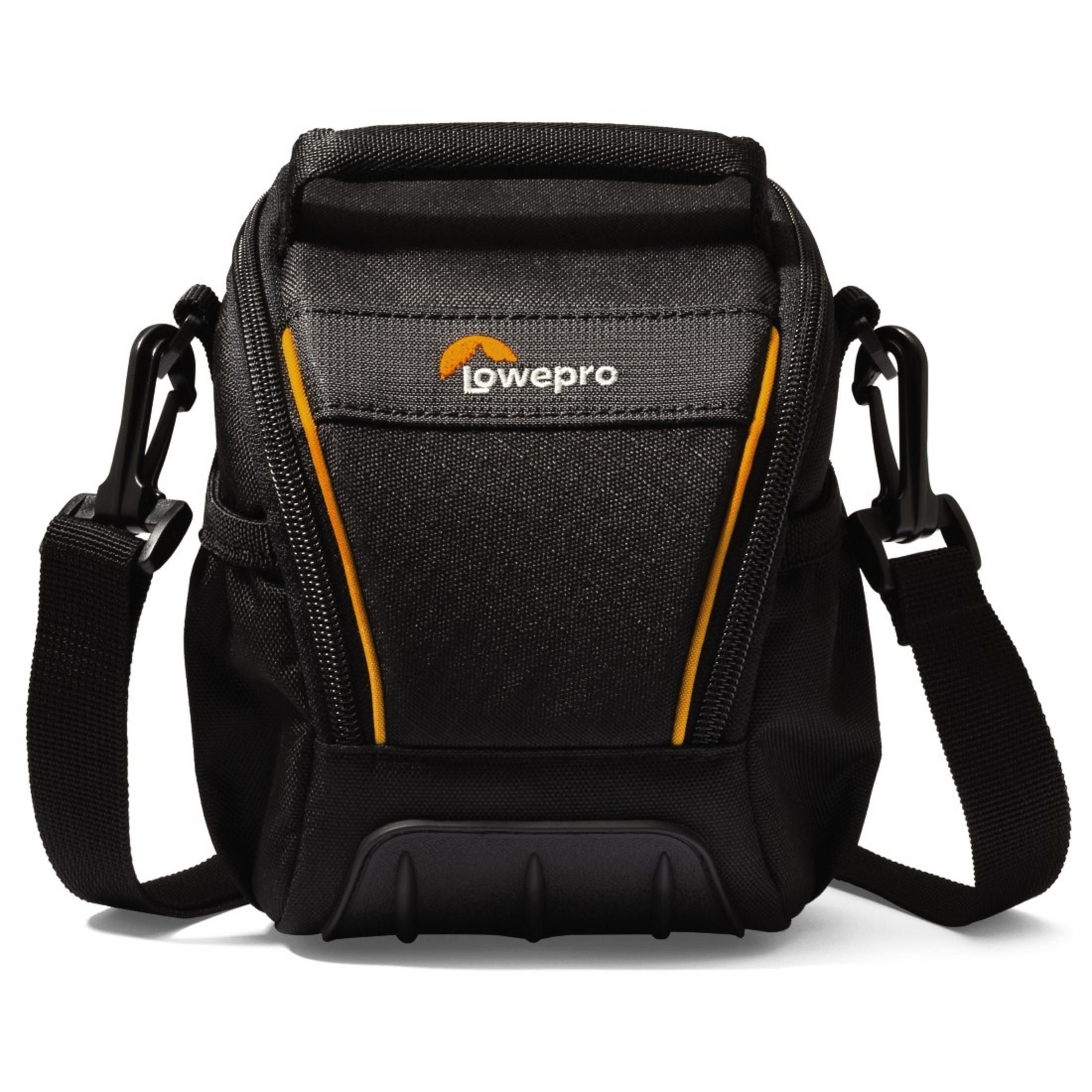 Zwarte cameratas met oranje afwerking. Het Lowepro-logo is zichtbaar.