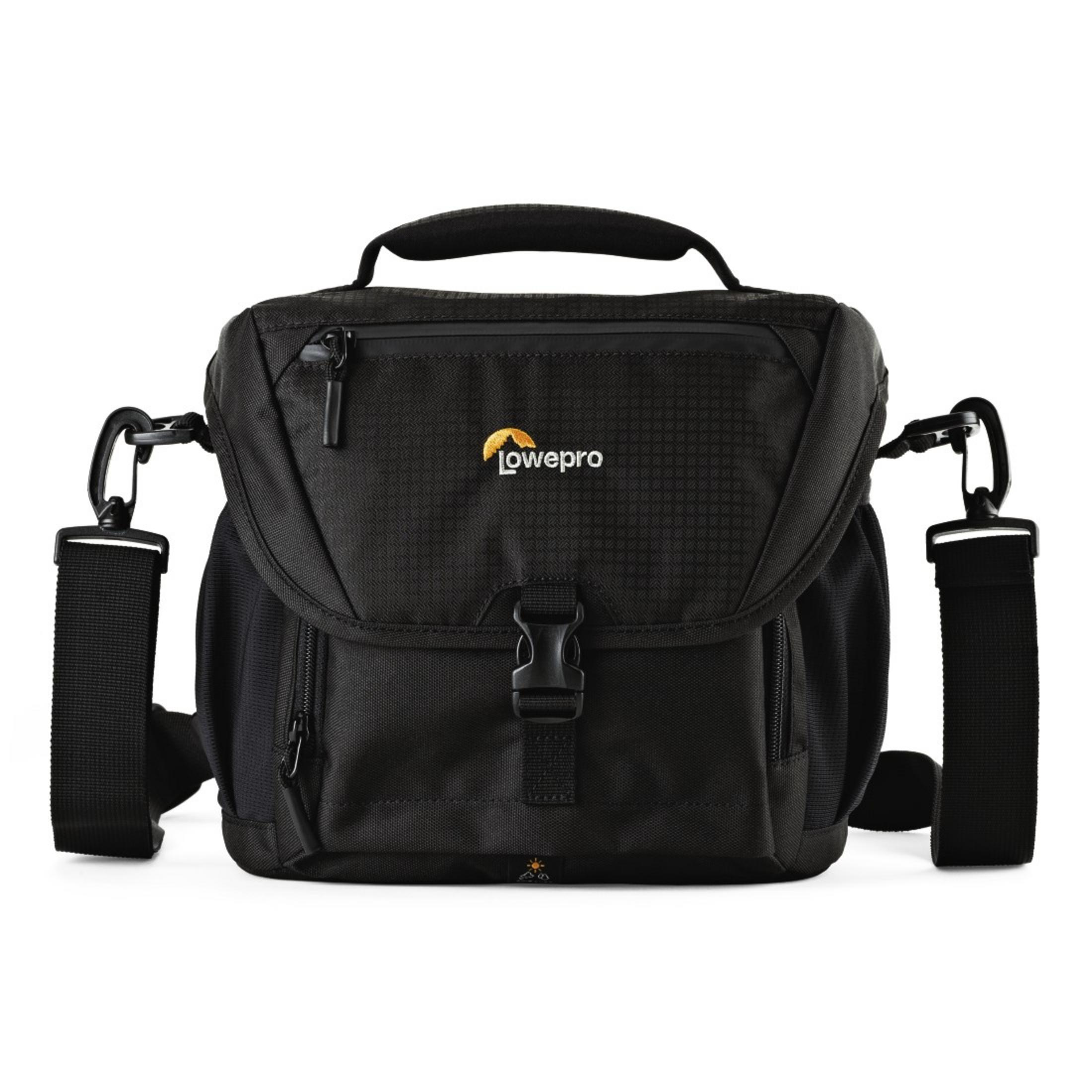 Schwarze Lowepro Kameratasche. Sie hat einen oberen Griff, Schultergurt und mehrere Taschen.