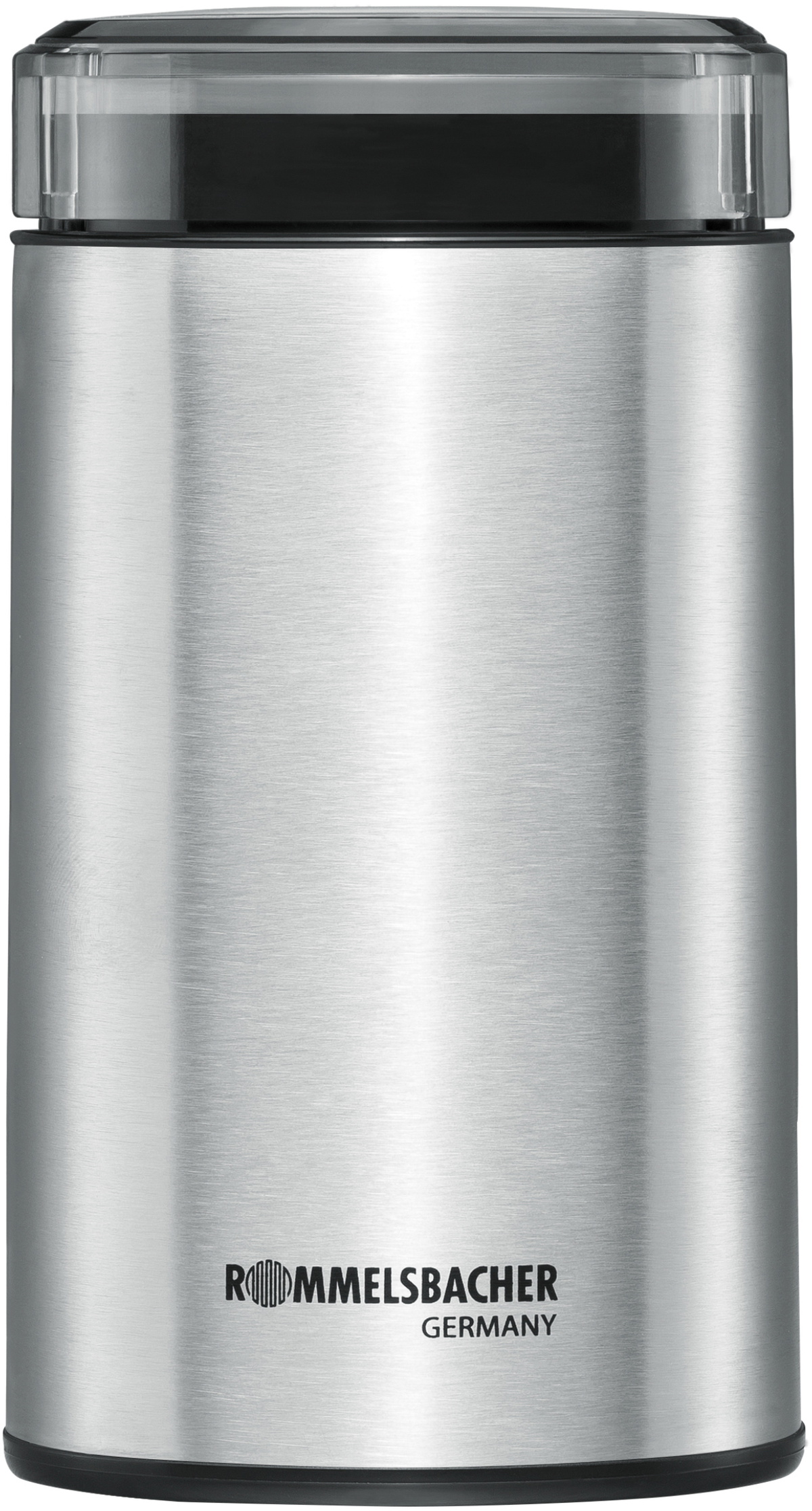 Młynek do kawy ze stali nierdzewnej. Posiada przezroczystą pokrywę i czarną podstawę.