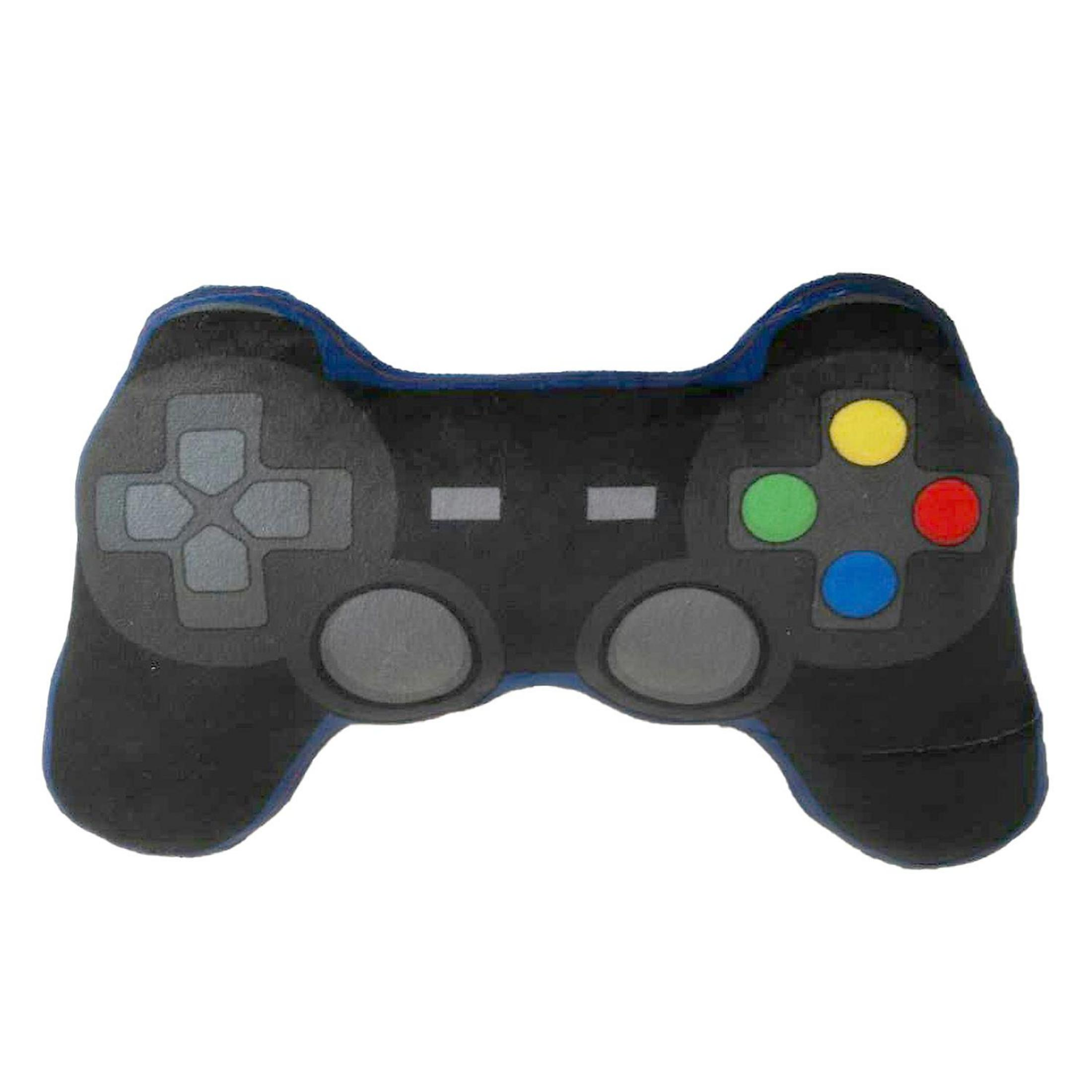 Schwarzes Kissen in Form eines Controllers. Der Controller hat ein Steuerkreuz, vier Knöpfe und zwei Knopfsets.