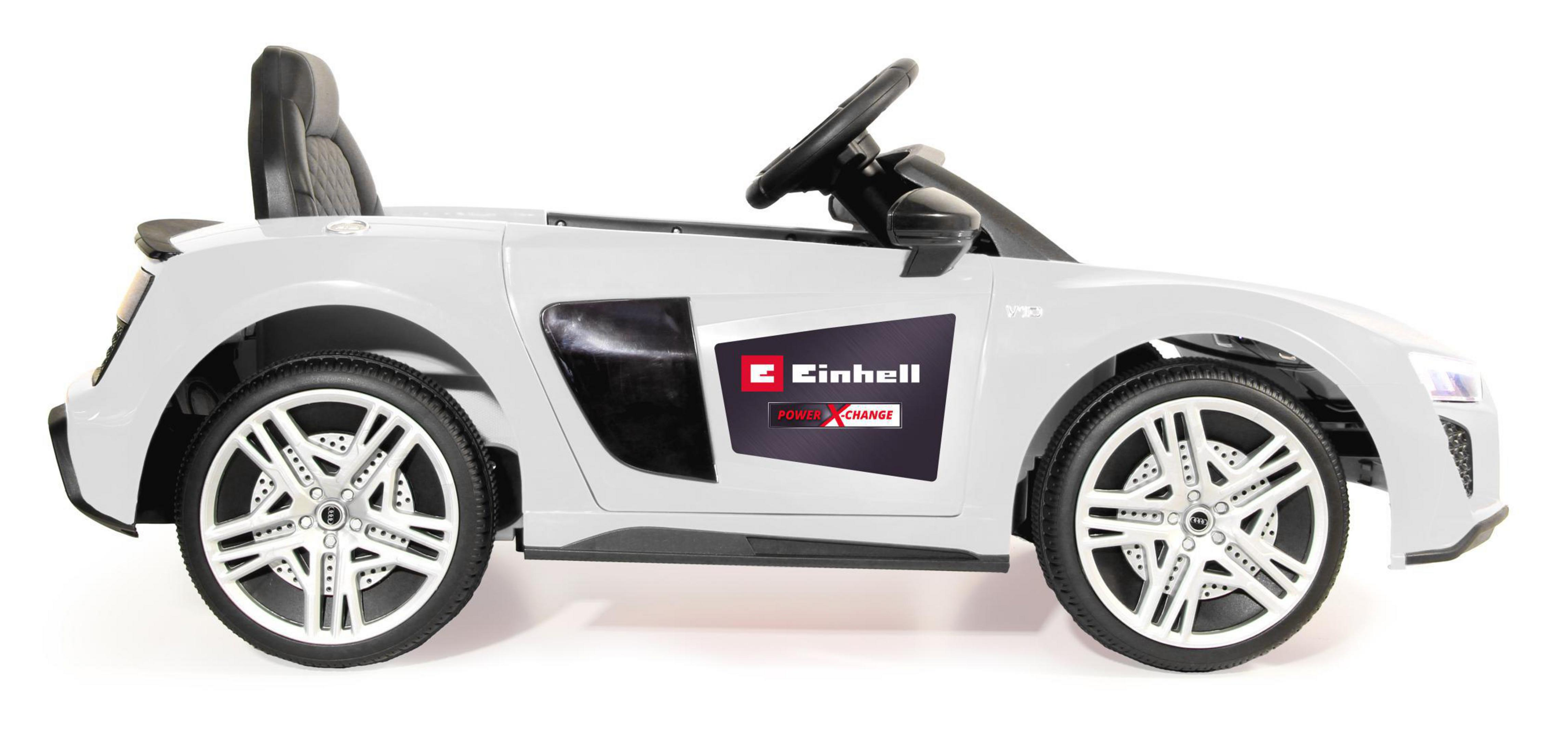 Weißes Spielzeugauto mit schwarzen Akzenten. Hat das Einhell-Logo.