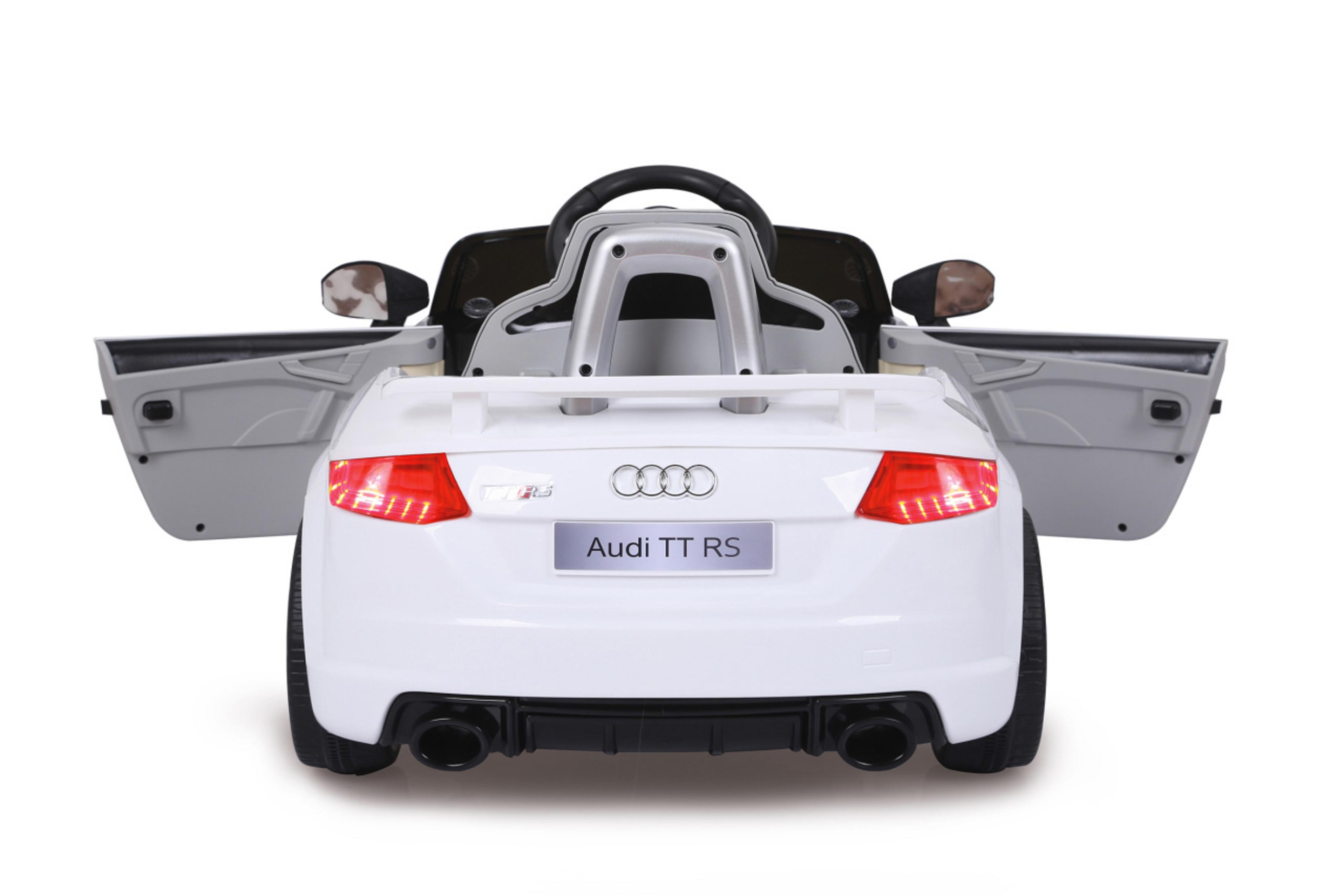 Coche de juguete blanco, modelo Audi TT RS, puertas abiertas. Vista trasera, luces traseras y logo.