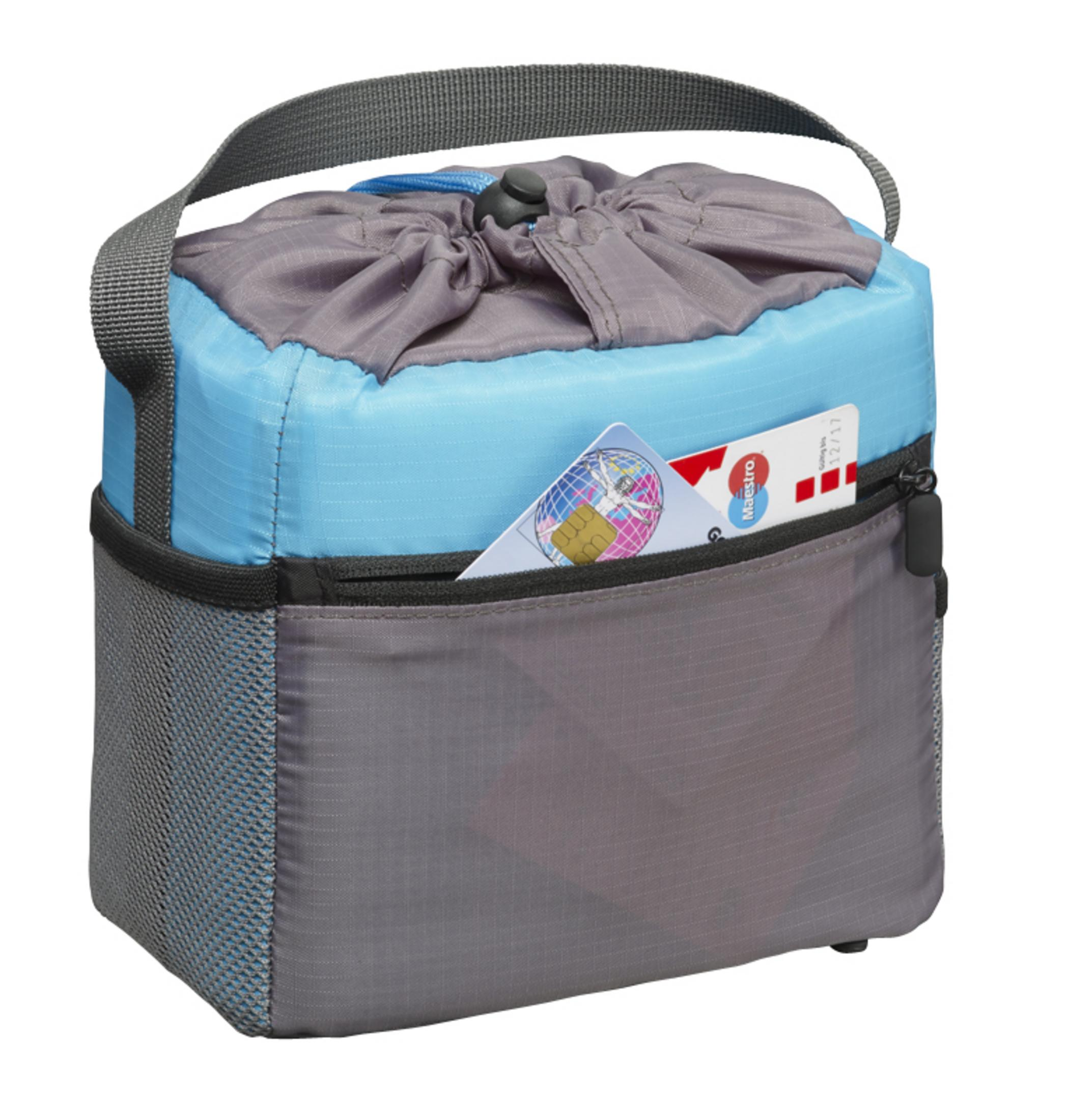 Blau-graue isolierte Lunchtasche mit Netztasche und sichtbarer Karte.