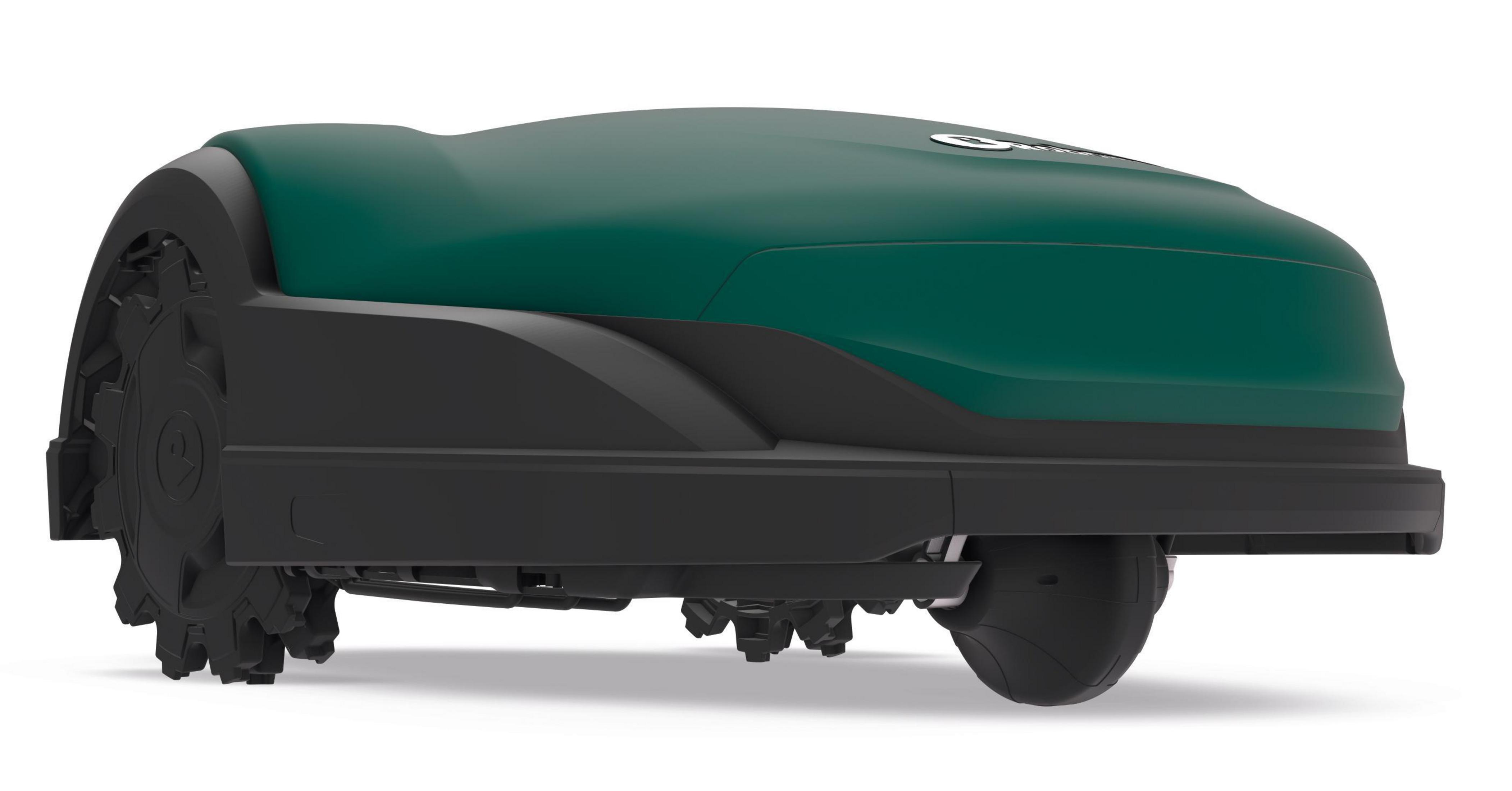 Zielona i czarna kosiarka robot, widok z boku. Widoczne koła i zakrzywiony wierzch.