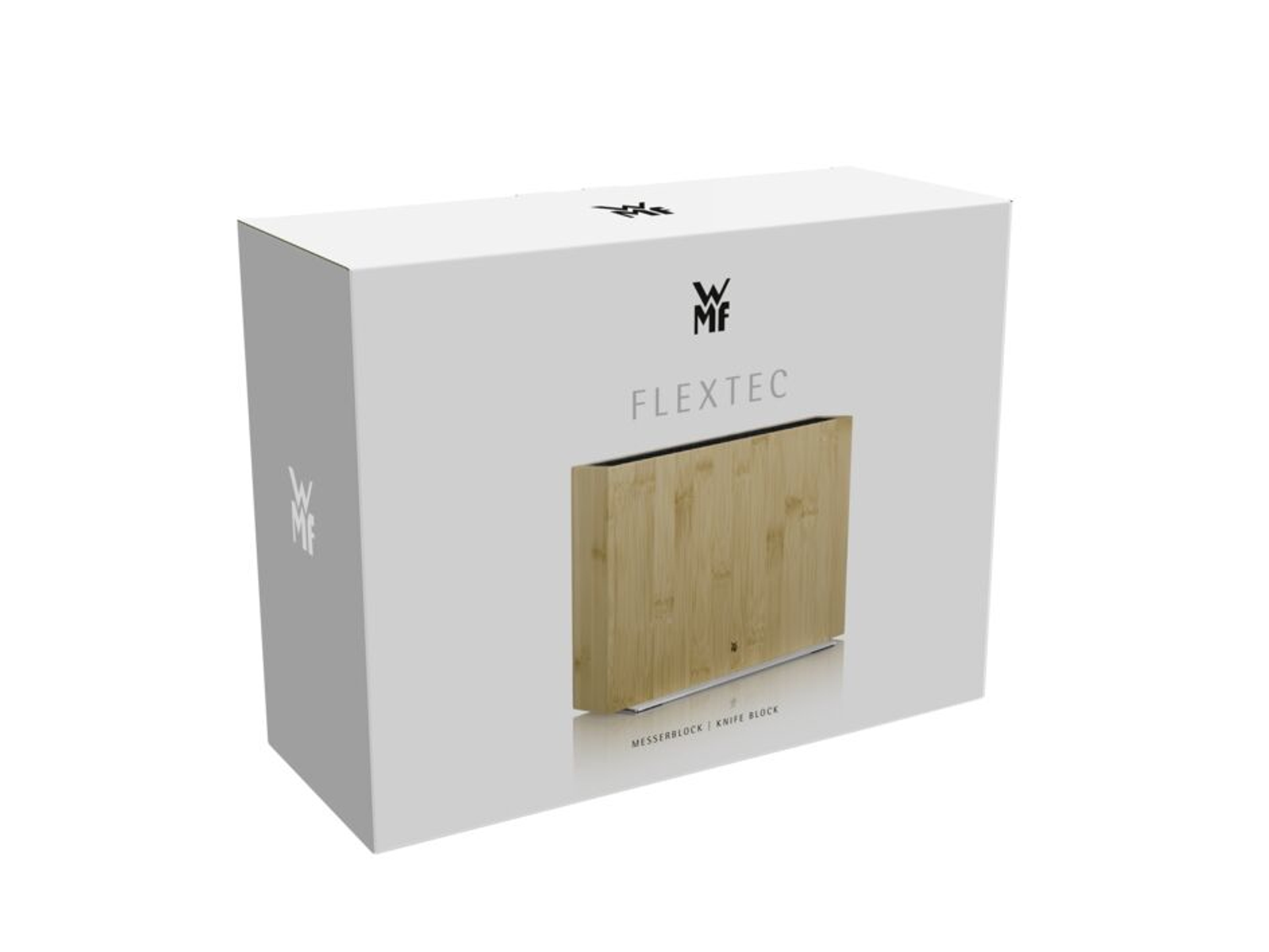 Boîte blanche avec 'FLECTEC' et logo WMF. A l'intérieur, un bloc couteaux en bois. 'Knife Block' imprimé.