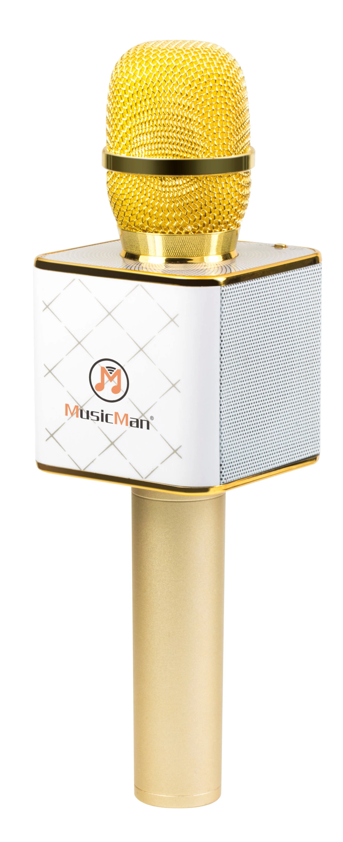 Microfono dorato con base altoparlante bianca e oro. Logo MusicMan visibile.