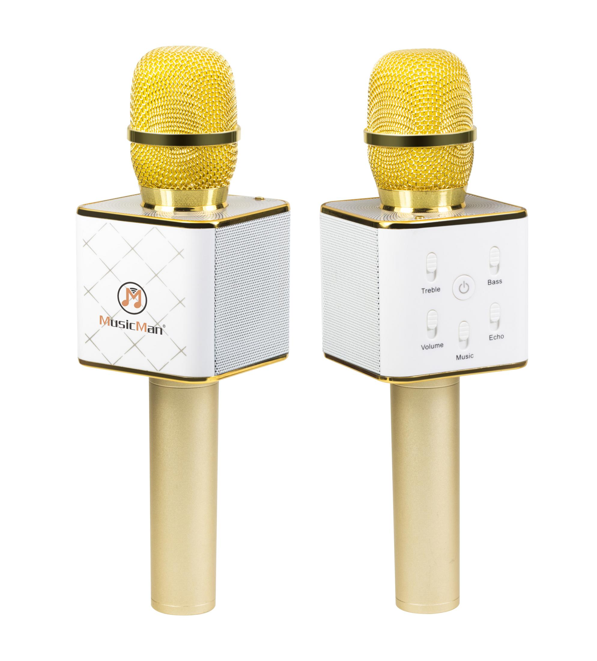 Due microfoni karaoke, top dorati, corpi bianchi e steli dorati, isolati su bianco.