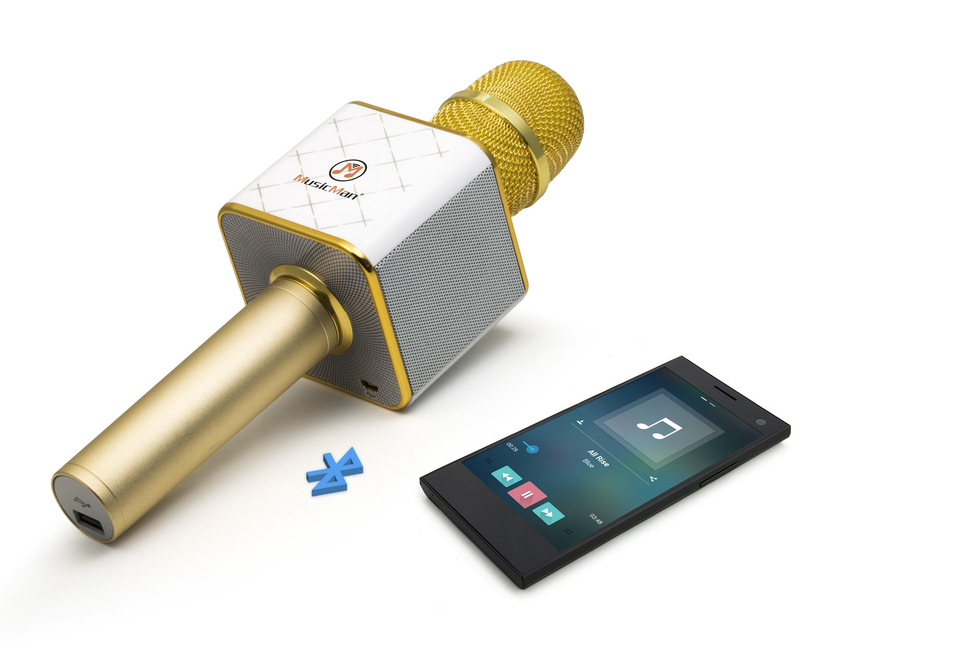 Microfono karaoke oro e bianco, con smartphone e simbolo Bluetooth.