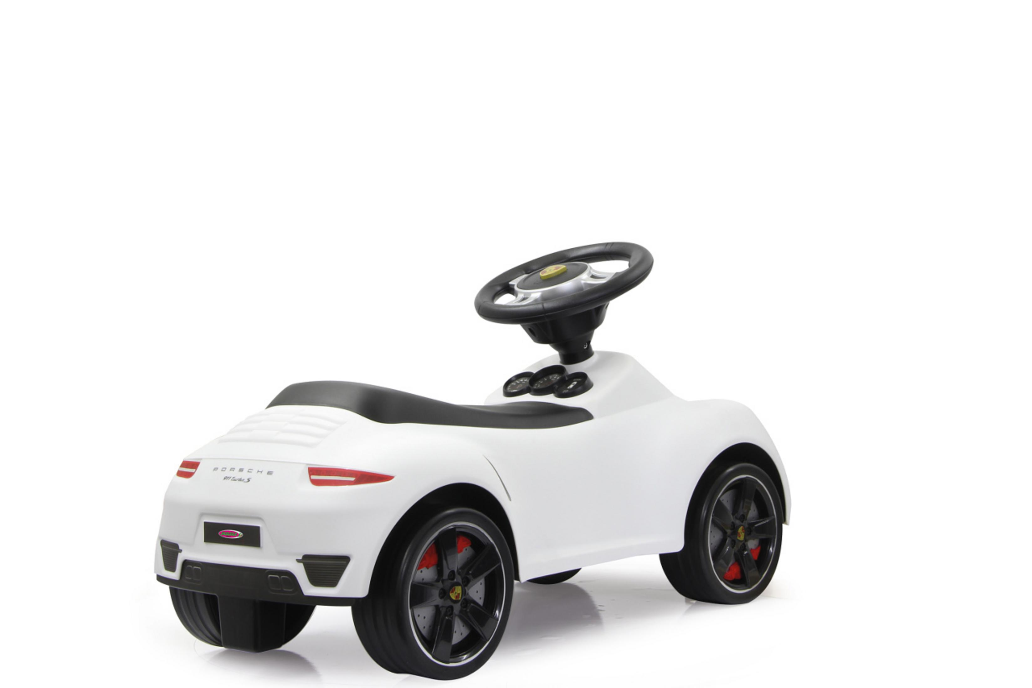Weißes Porsche-Spielzeugauto mit schwarzem Lenkrad, roten Bremslichtern und schwarzen Rädern.
