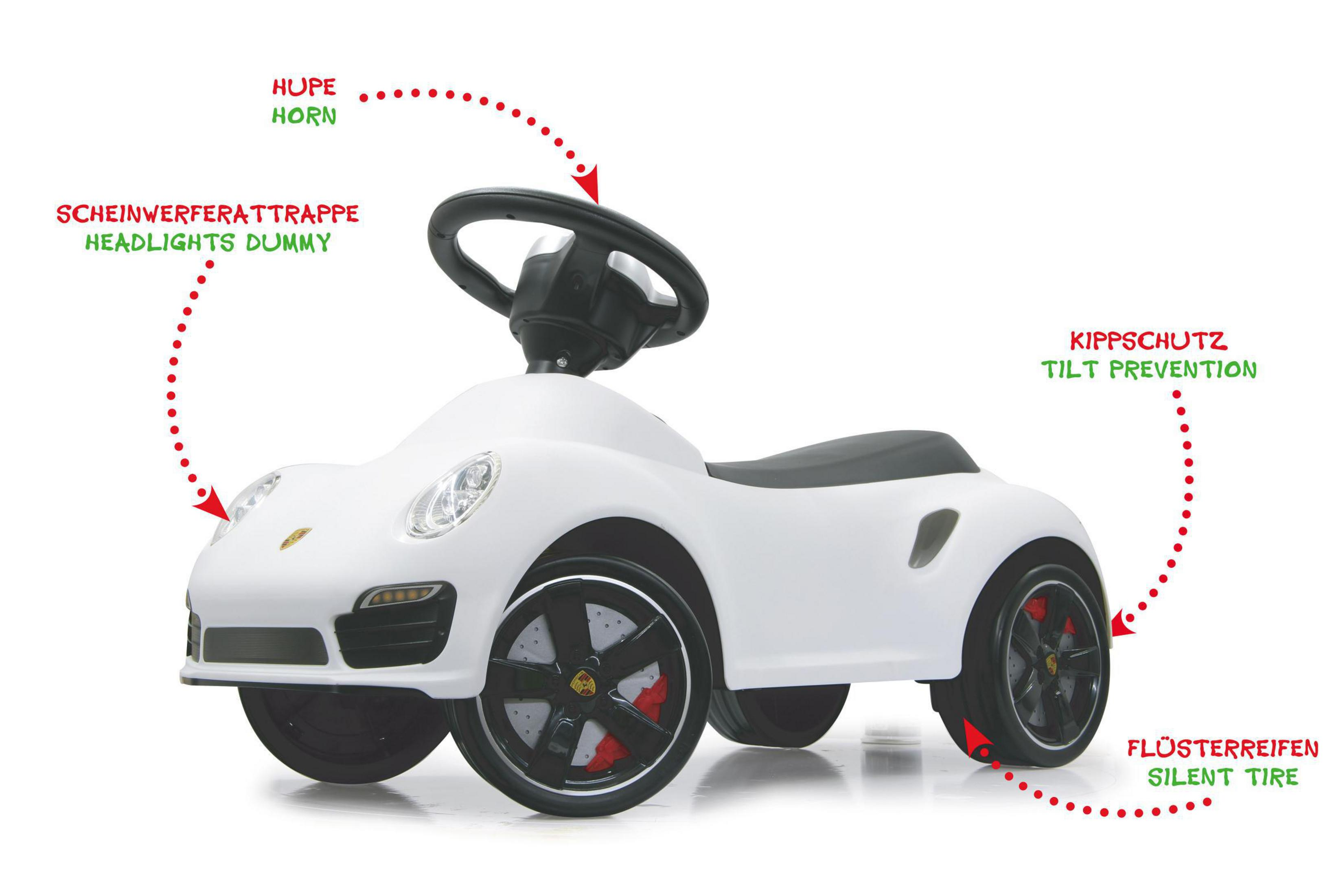 Weißes Spielzeug-Porsche-Auto. Rote Akzente, beschriftete Teile. Weißer Hintergrund.