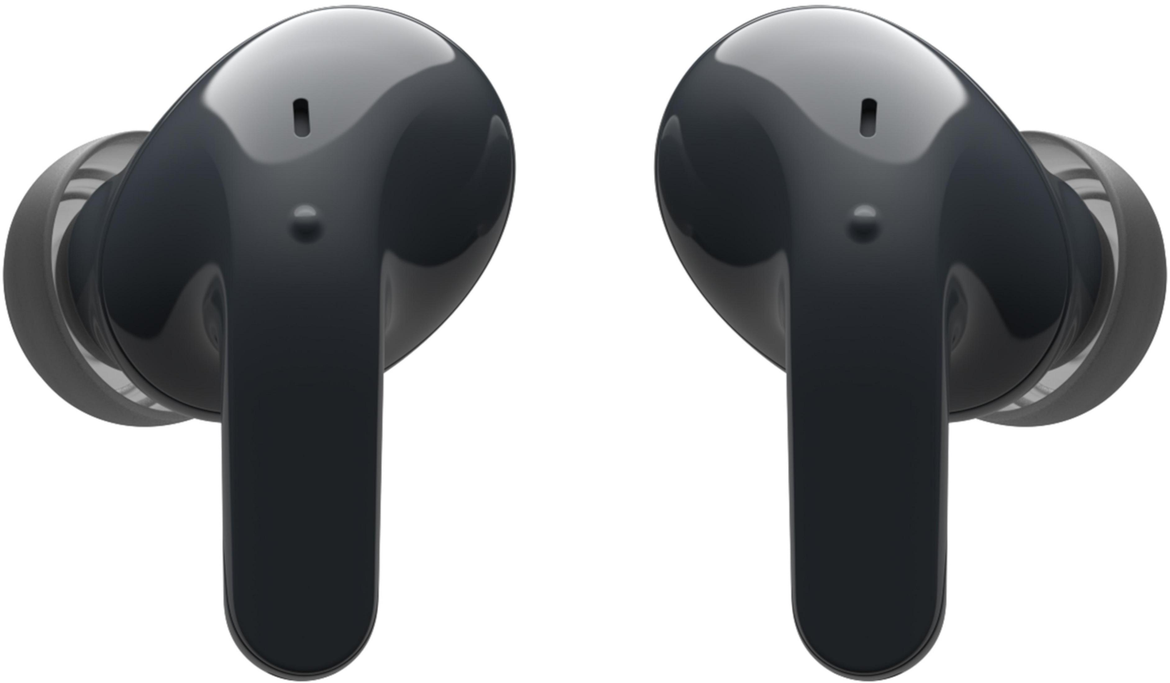 Zwei schwarze kabellose Ohrhörer vor weißem Hintergrund, die ihr Design zeigen.