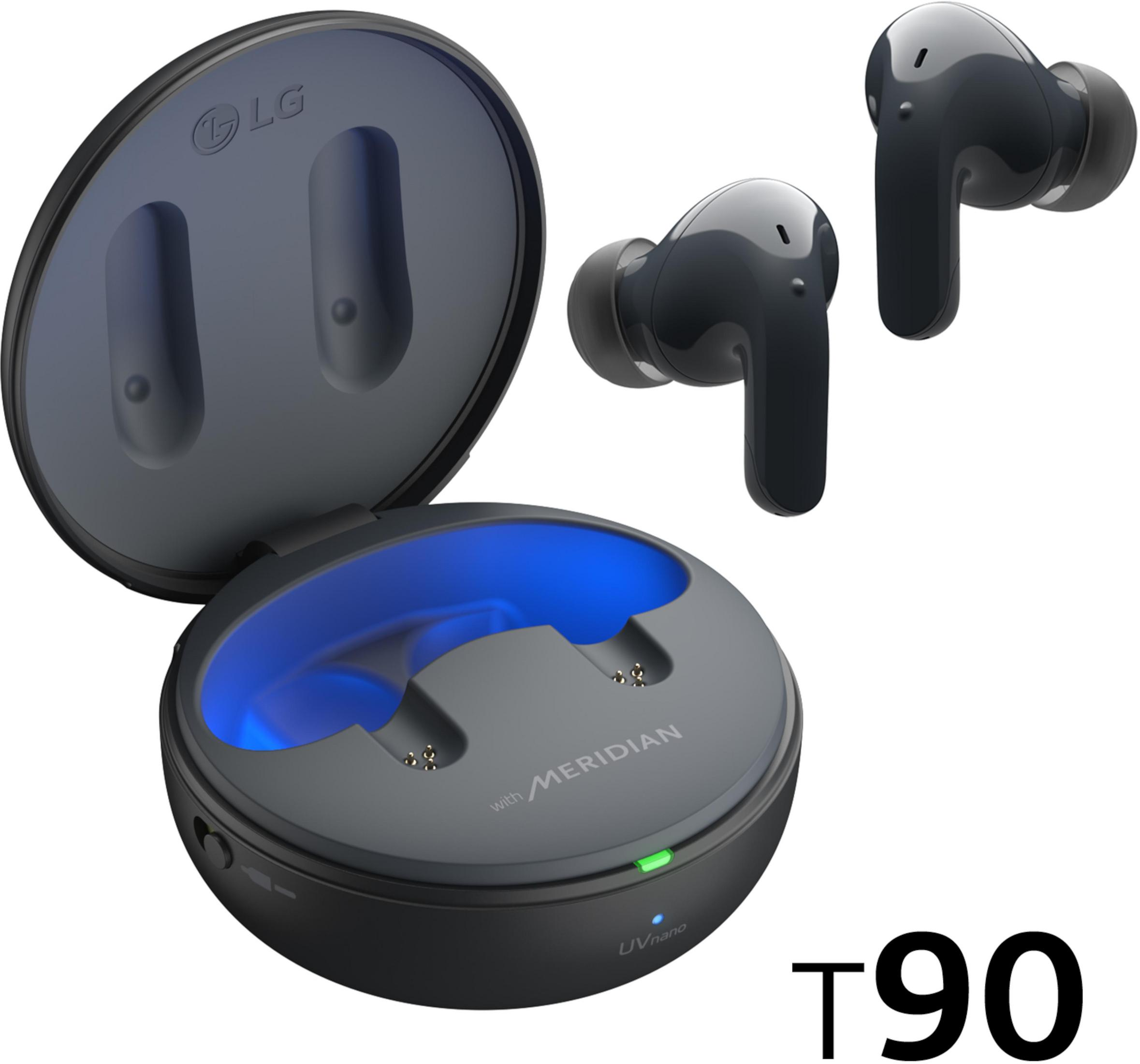 Schwarze LG T90 Ohrhörer, Ladecase und separate Ohrhörer auf weißem Hintergrund.