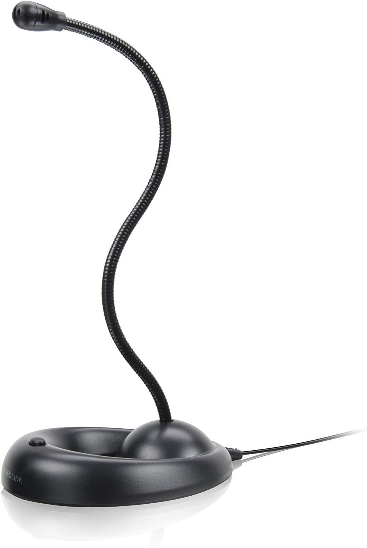 Ein schwarzes Schwanenhalsmikrofon mit einem Sockel. Der Hintergrund ist schlicht weiß.