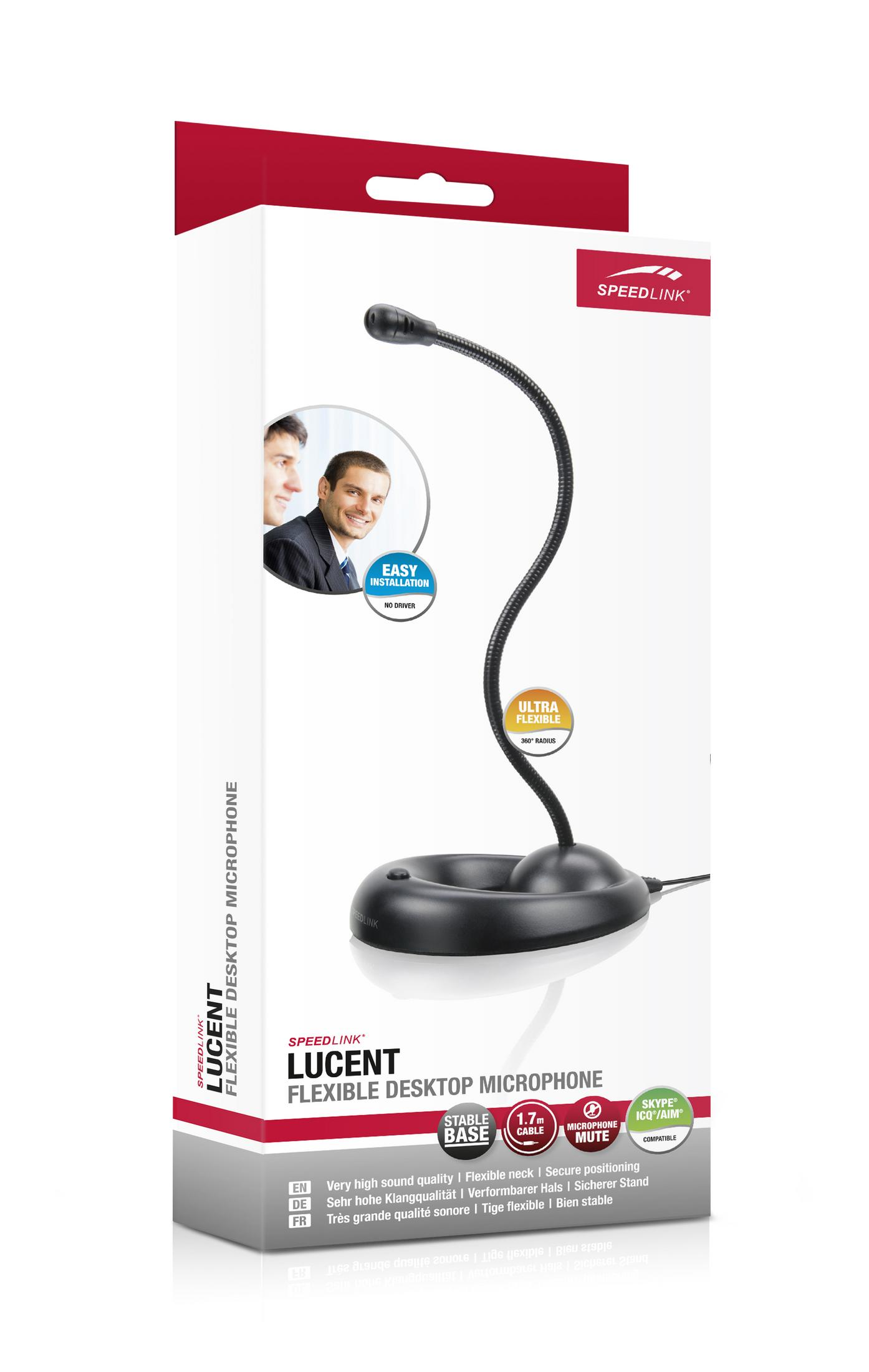 Verpacktes schwarzes Desktop-Mikrofon mit flexiblem Schwanenhals und rundem Sockel.