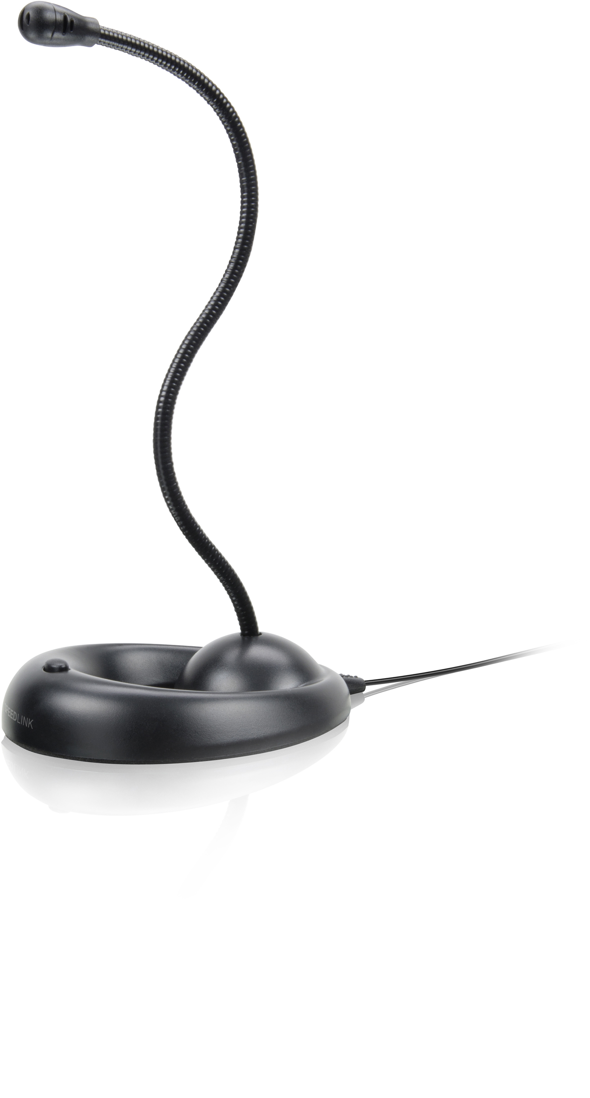 Schwarzes Mikrofon mit flexiblem Hals. Ovale Basis mit einem Knopf.