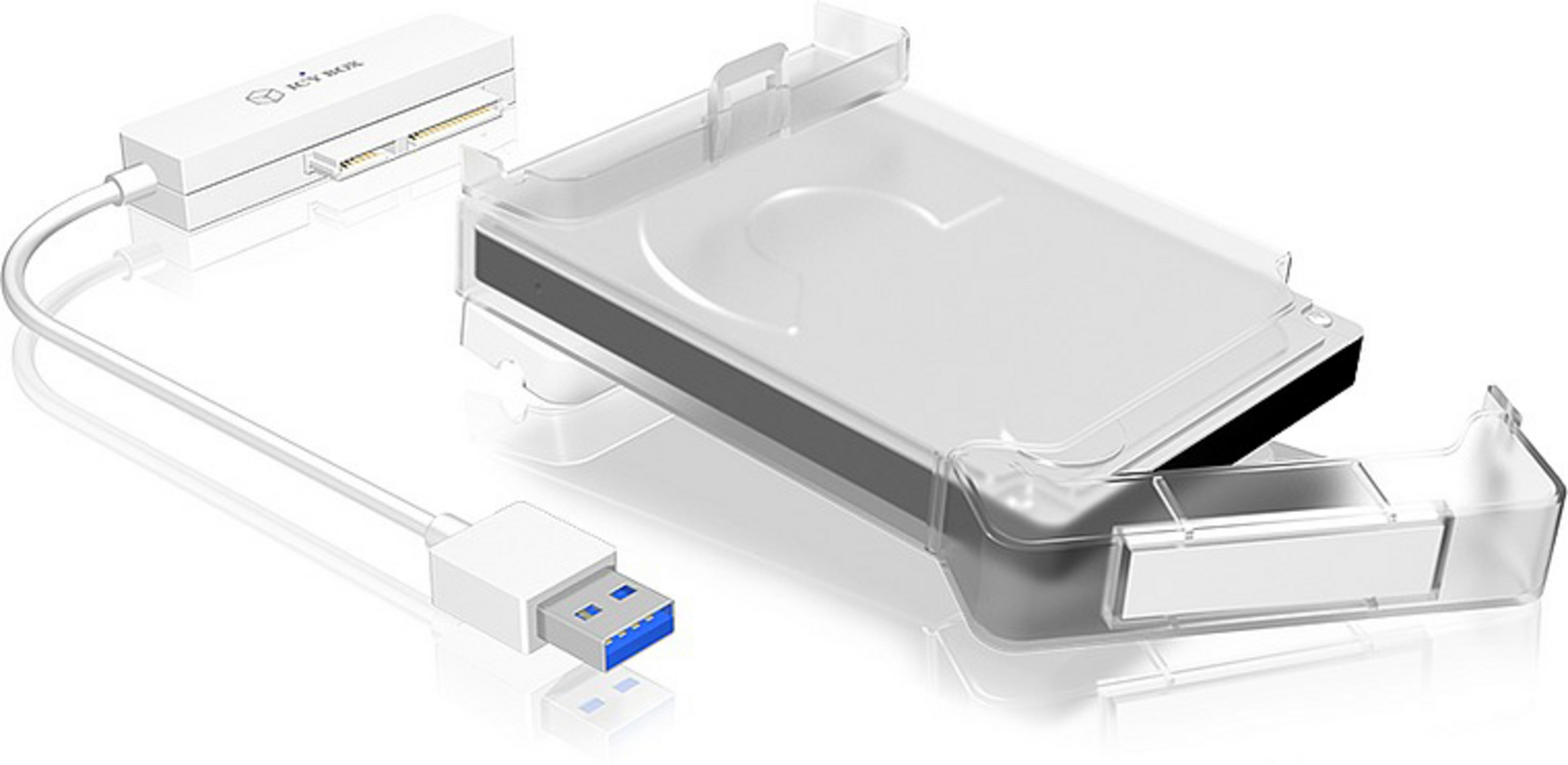 Cavo USB 3.0 bianco e blu collegato a un adattatore bianco e a un alloggiamento per disco rigido.