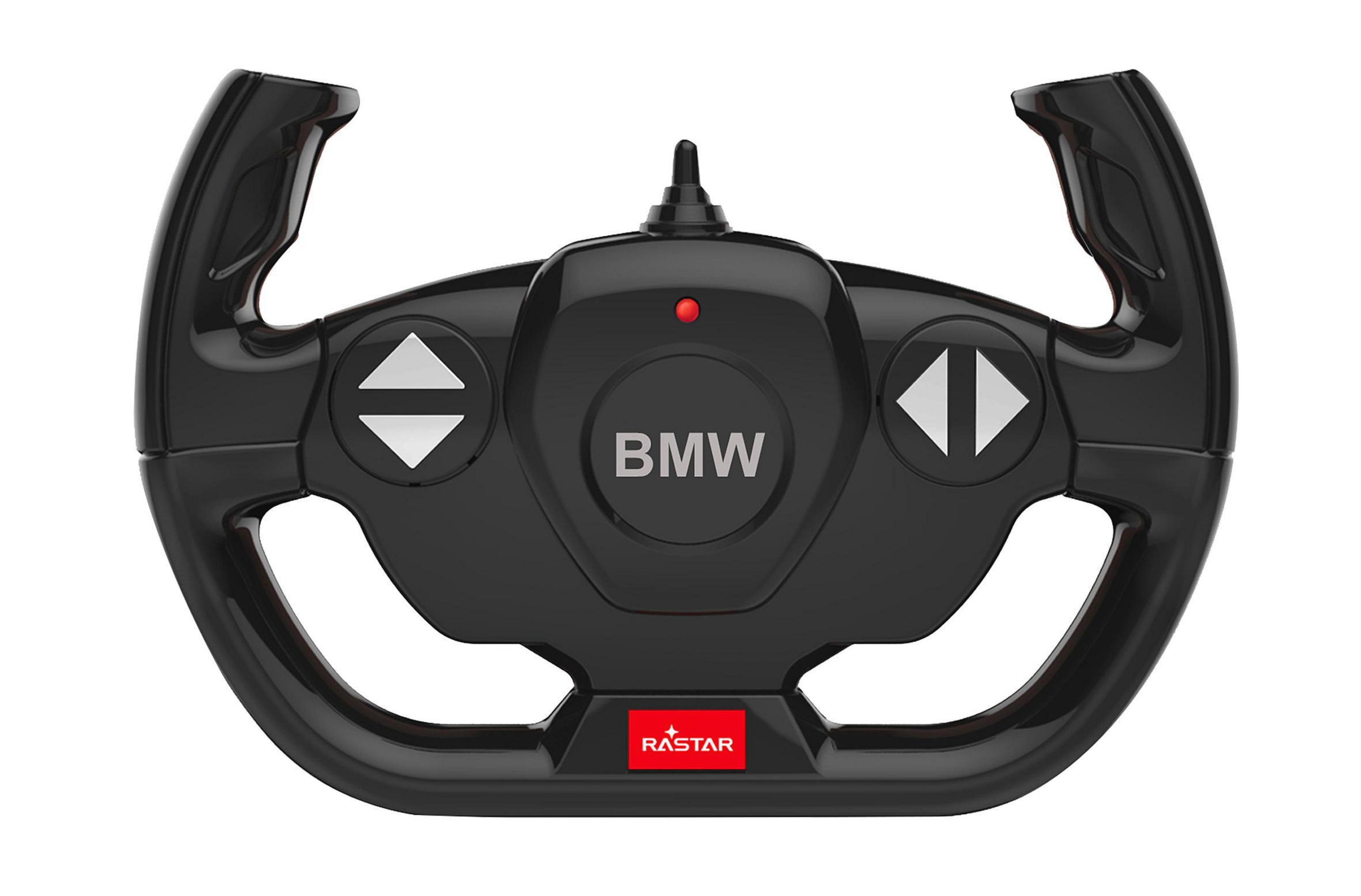 Schwarze BMW-Lenkrad-Fernbedienung mit Pfeiltasten und einem BMW-Logo.