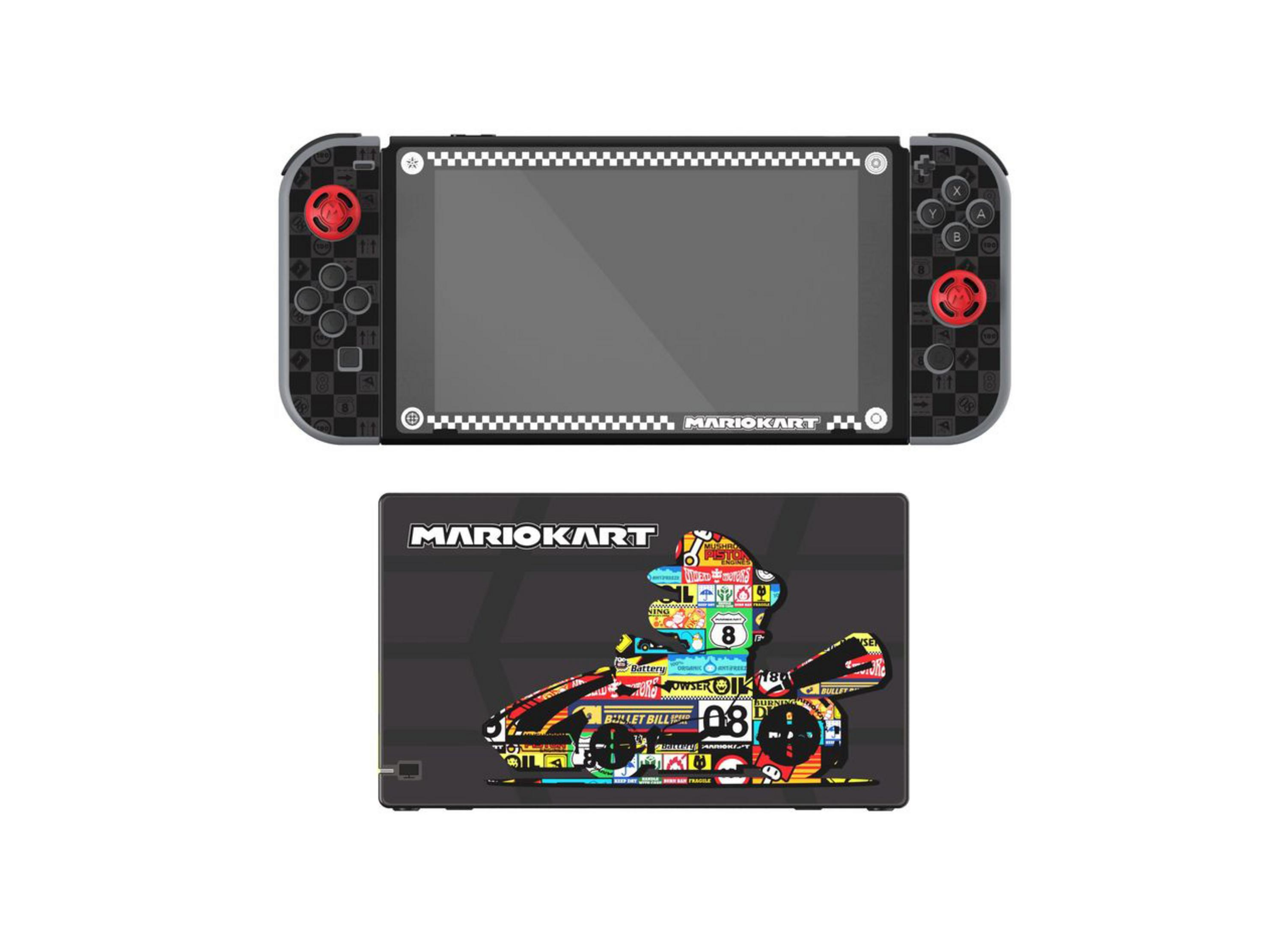 Ein Nintendo Switch im Mario Kart-Design mit angeschlossenen Joy-Cons, der den Bildschirm anzeigt. Das Dock zeigt ein Mario Kart-Bild.