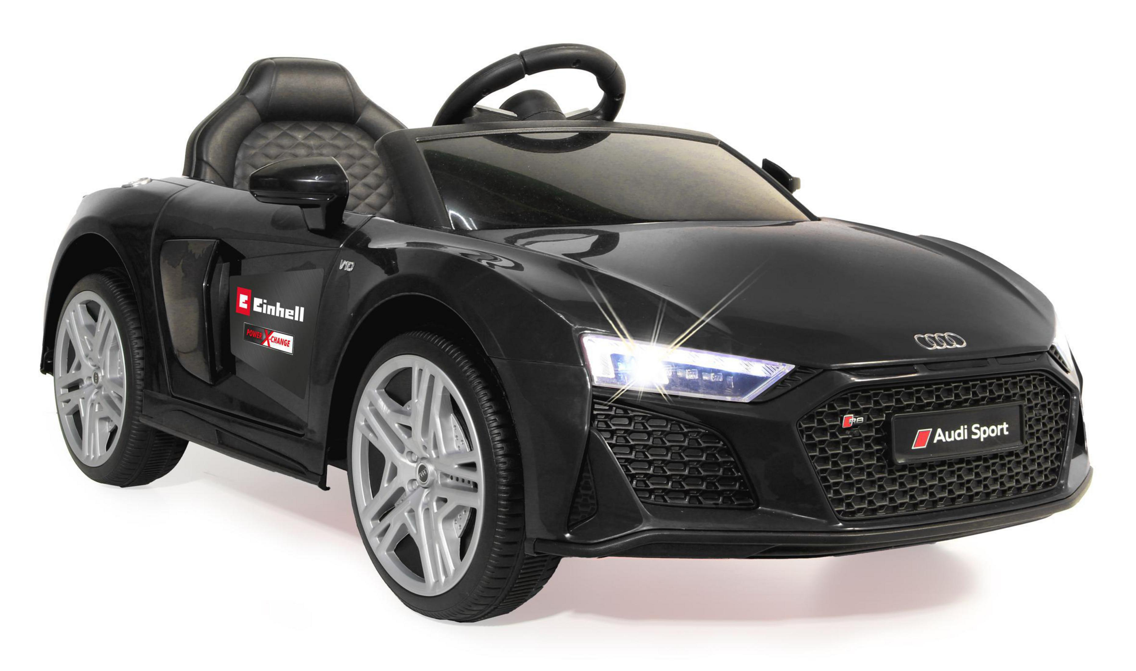 Schwarzes Audi R8 Sport Spielzeugauto mit silbernen Rädern. Scheinwerfer und Lenkrad sichtbar.