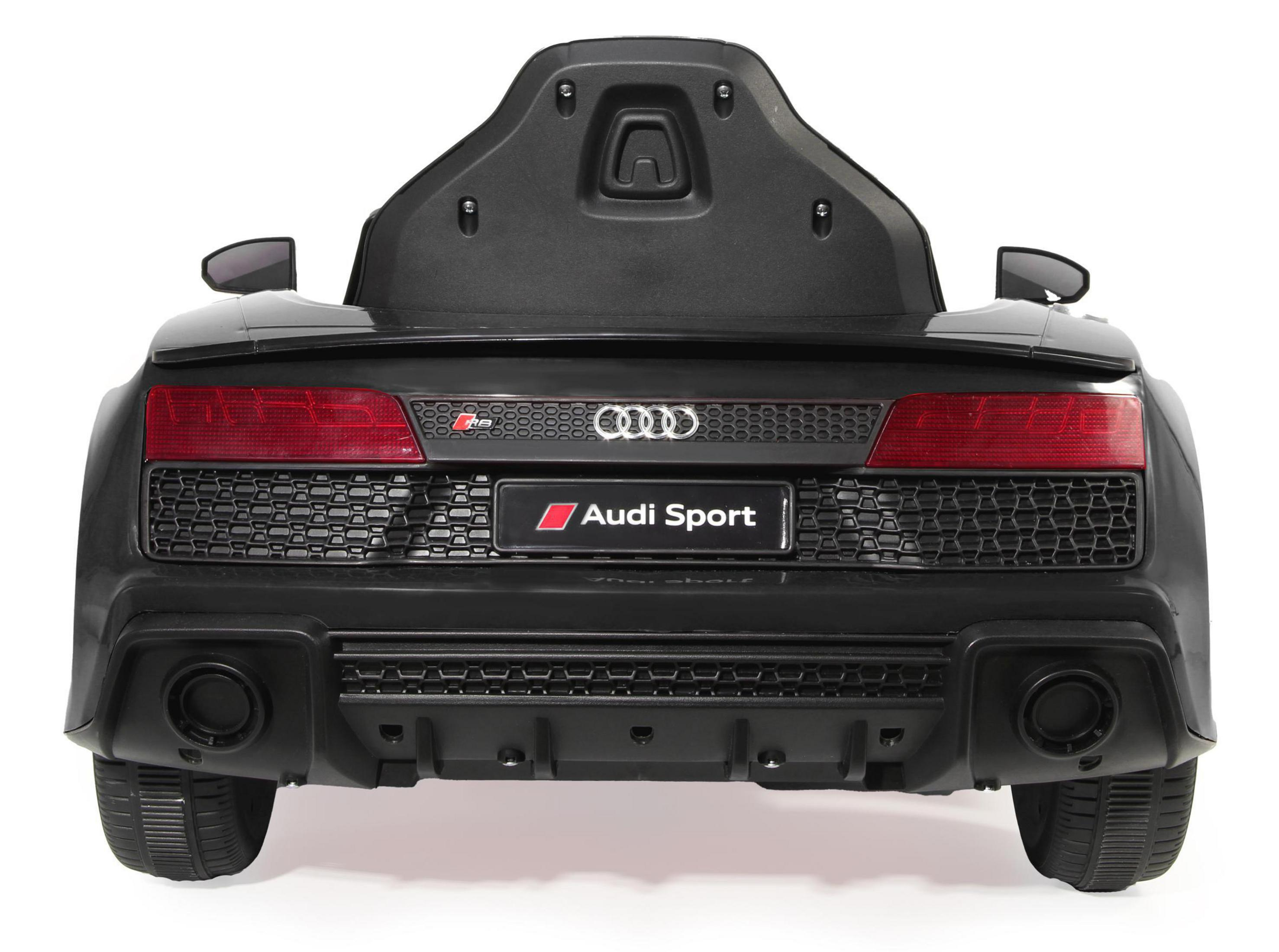 Rückansicht eines schwarzen Audi R8 Spielzeugautos mit Audi Sport Logo.
