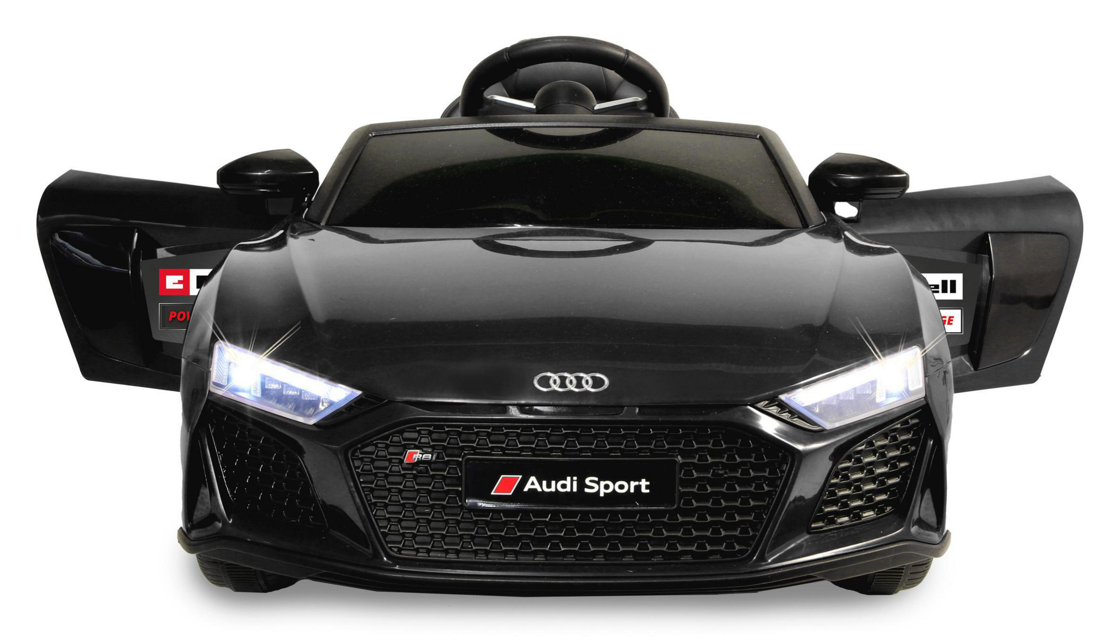 Ein schwarzes Audi Sport Auto mit geöffneten Türen. Das Audi-Logo und der Text Audi Sport sind sichtbar.