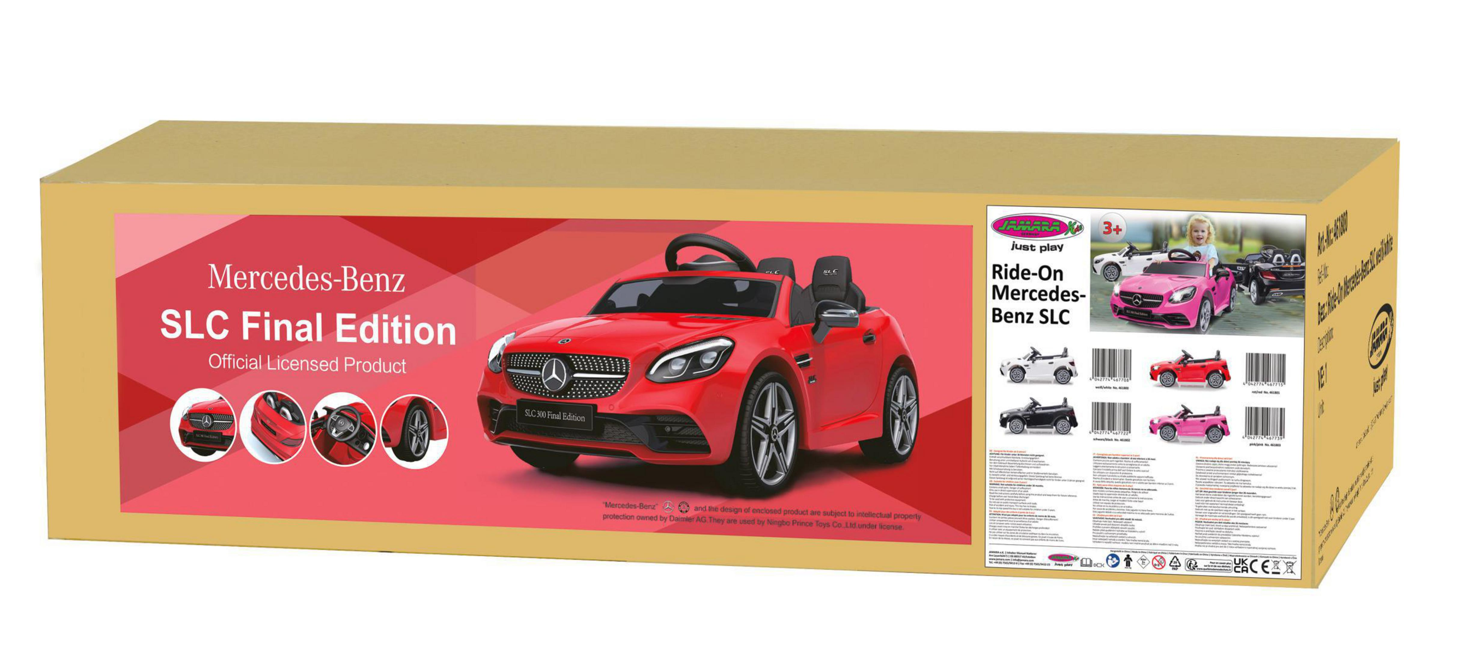 Spielzeug-Mercedes-Benz-Auto-Box. Rotes Auto-Bild, Text und Logos auf der Box.