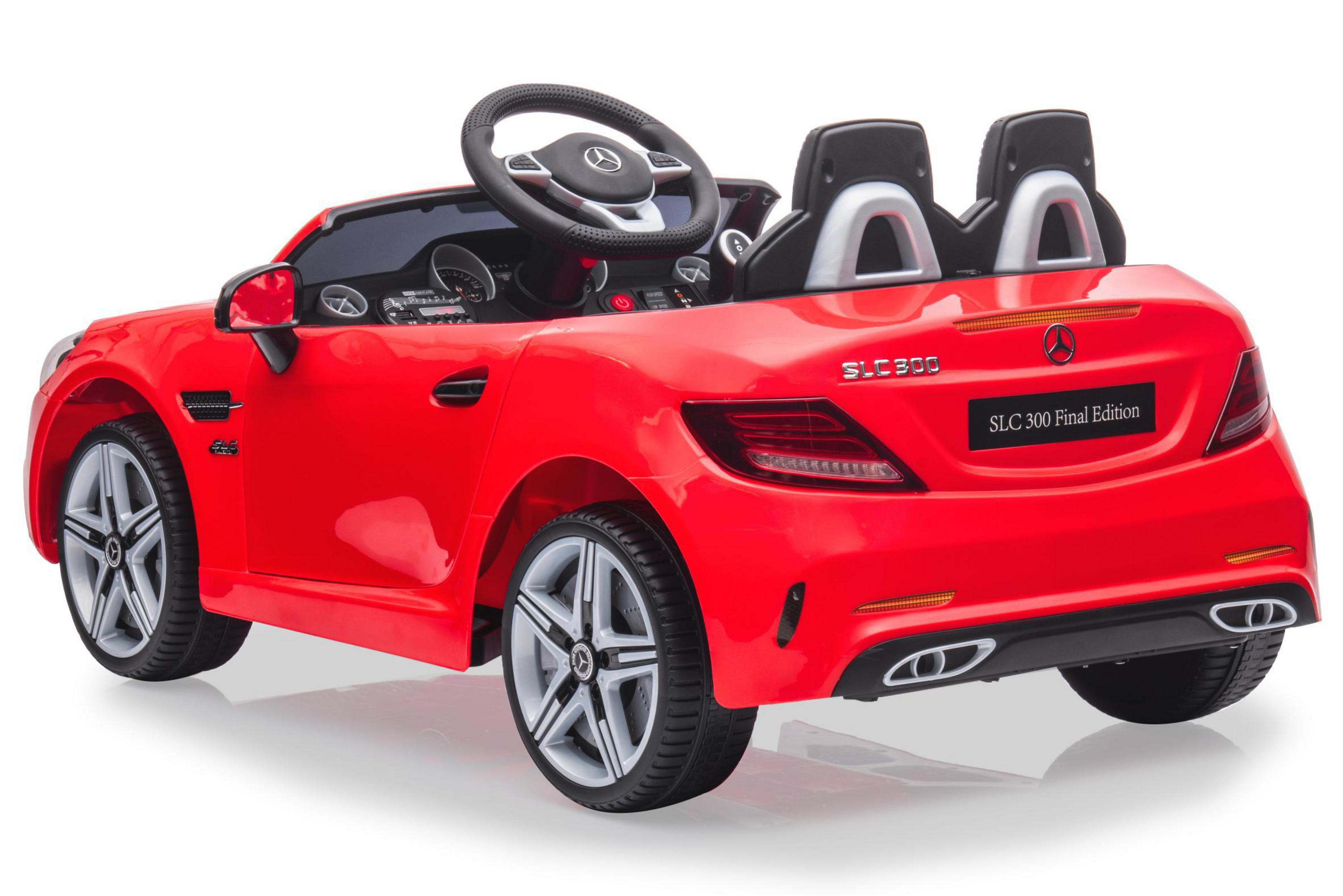 Rotes Spielzeugauto, Mercedes-Benz SLK 300 Final Edition, mit silbernen Rädern, schwarzem Innenraum.