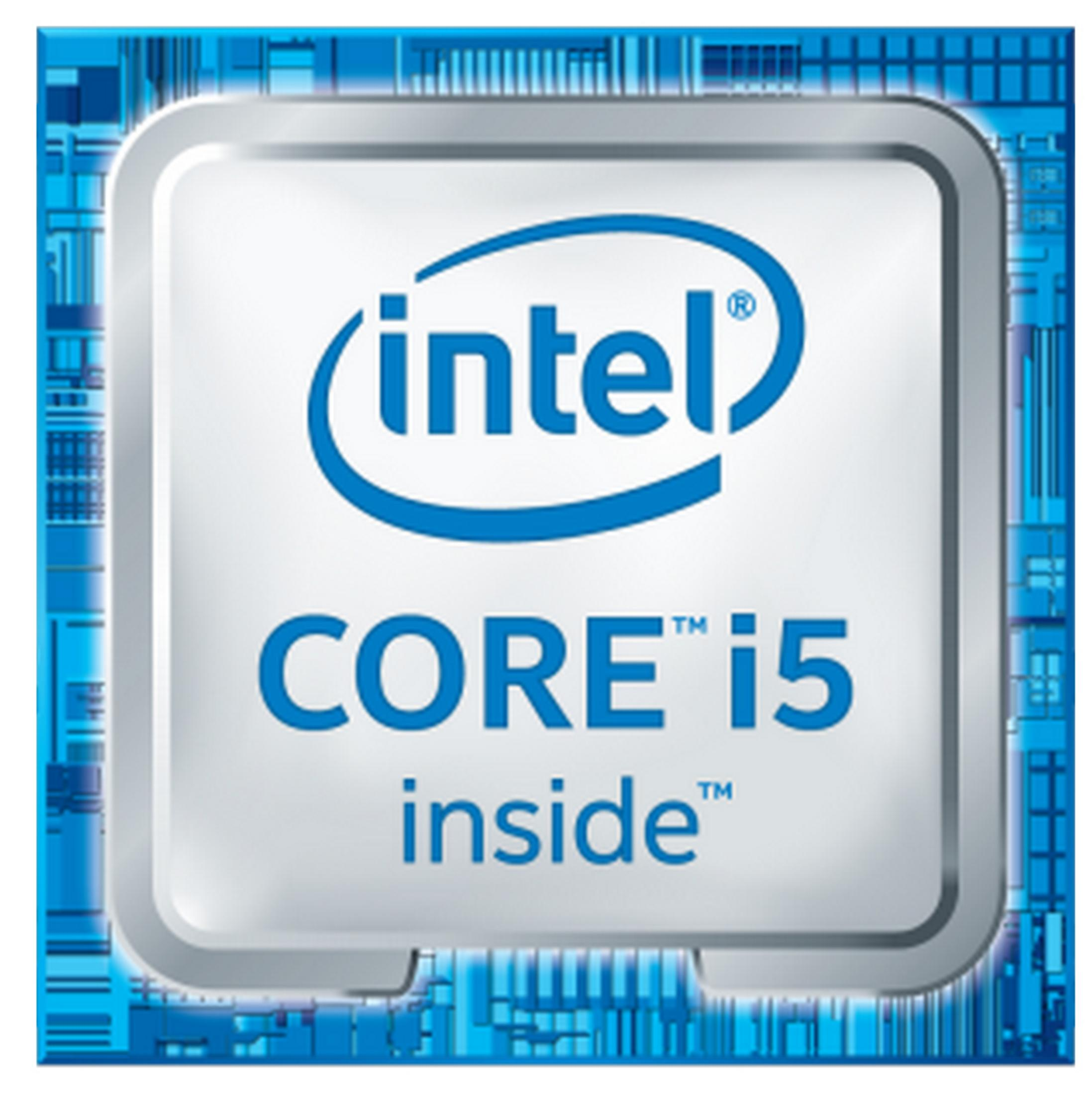 Etichetta del processore Intel Core i5, con sfondo blu e il logo Intel. Forma quadrata.