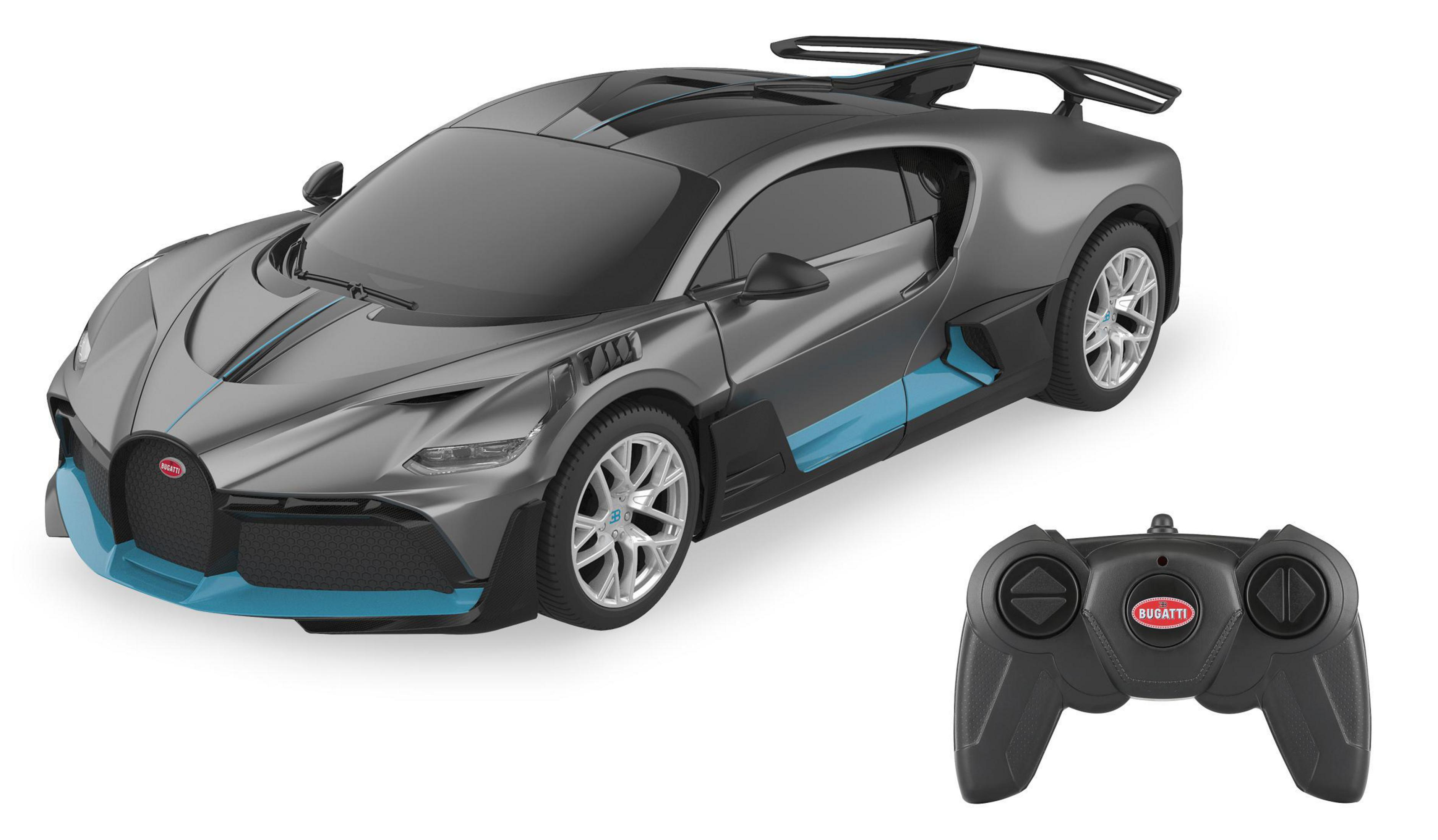 Graues Bugatti Divo Modellauto mit Fernbedienung auf weißem Hintergrund.