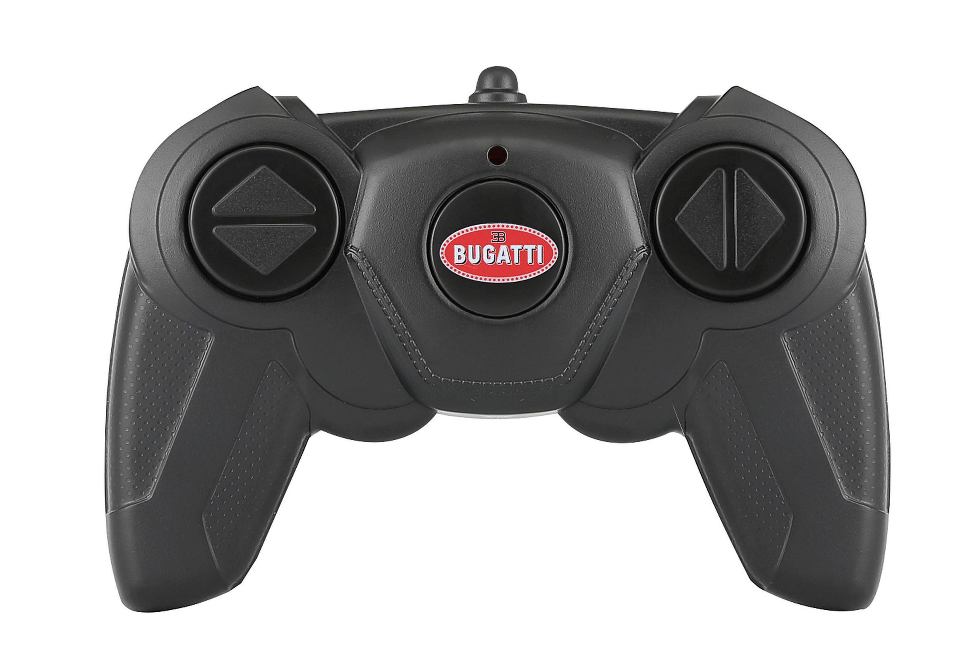 Eine schwarze Fernbedienung mit Bugatti-Logo in der Mitte und Richtungstasten.