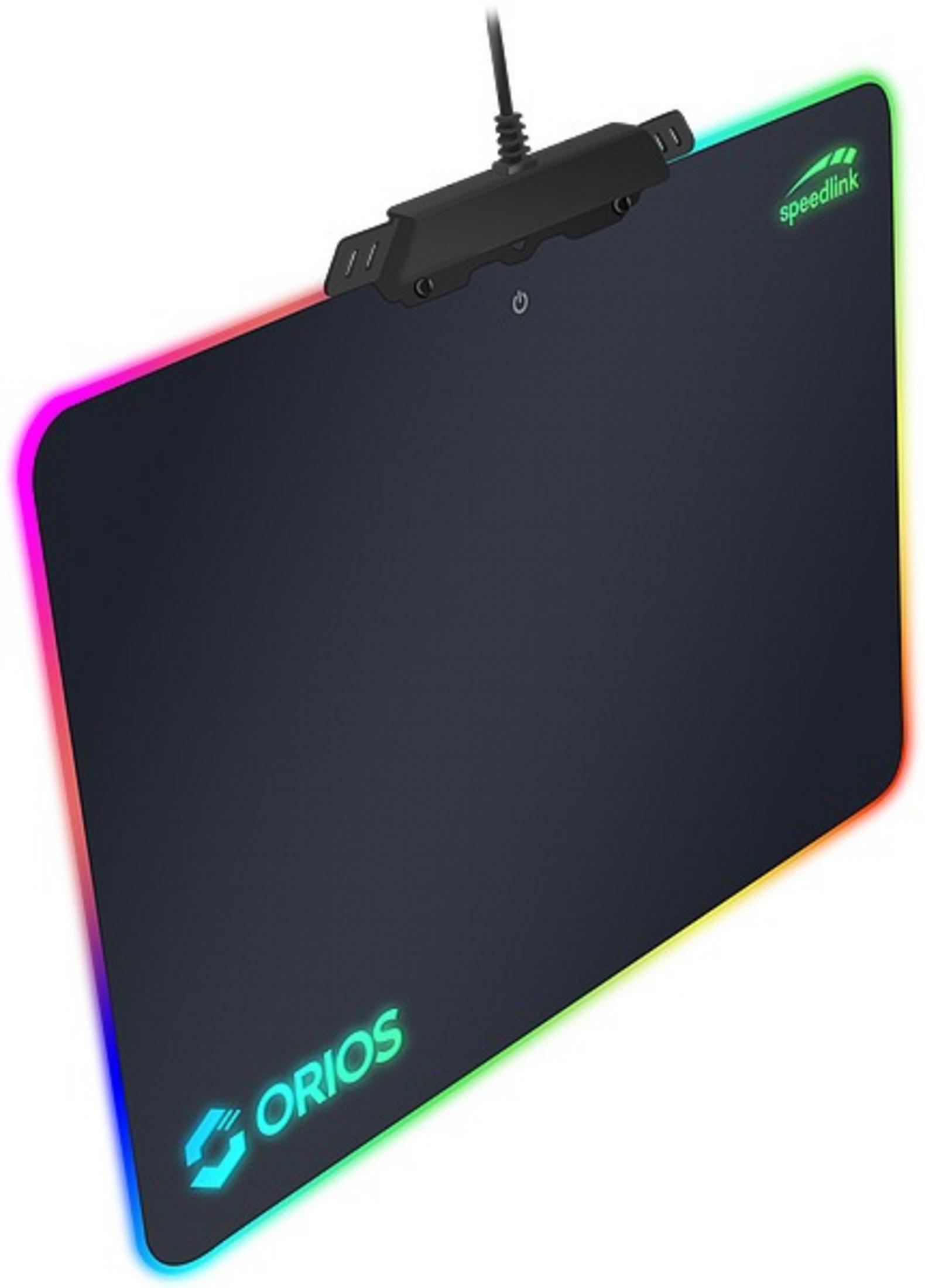 Czarna podkładka pod mysz z oświetleniem LED na krawędziach, logo Speedlink i Orios na białym tle.