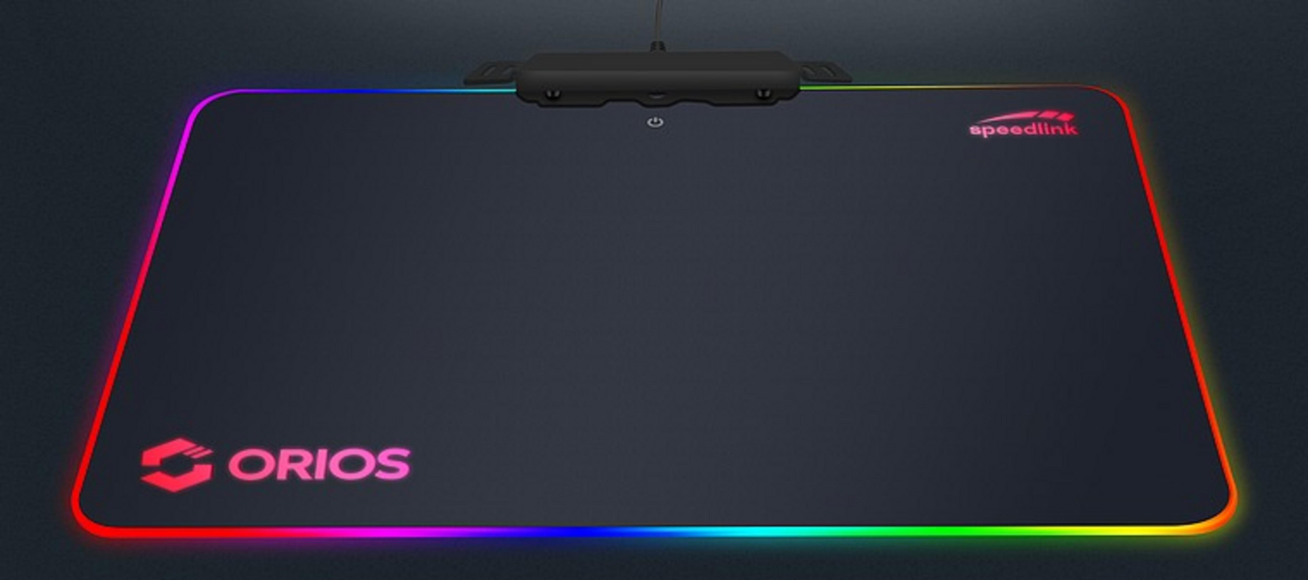 Czarna podkładka pod mysz gamingową z kolorową obwódką LED i logo Orios i Speedlink.