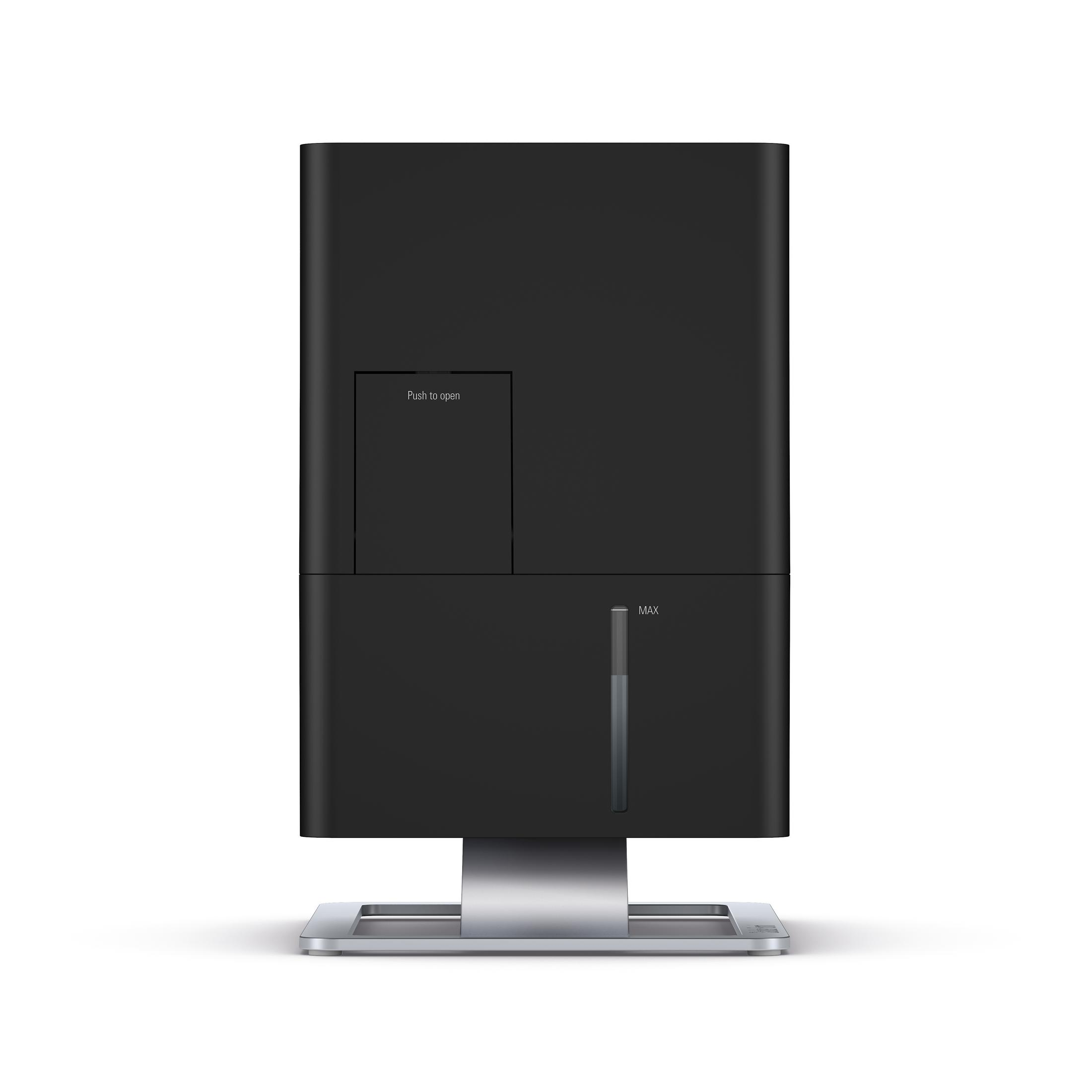 A black humidifier with a silver base, water level indicator, and a control panel.