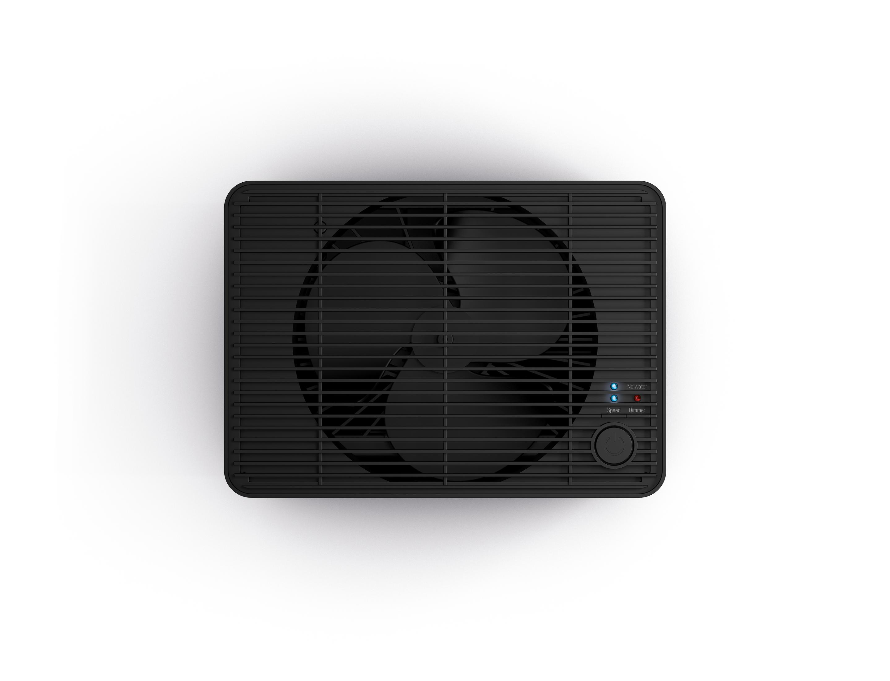 Black air purifier, with a fan visible, on a white background, top view.
