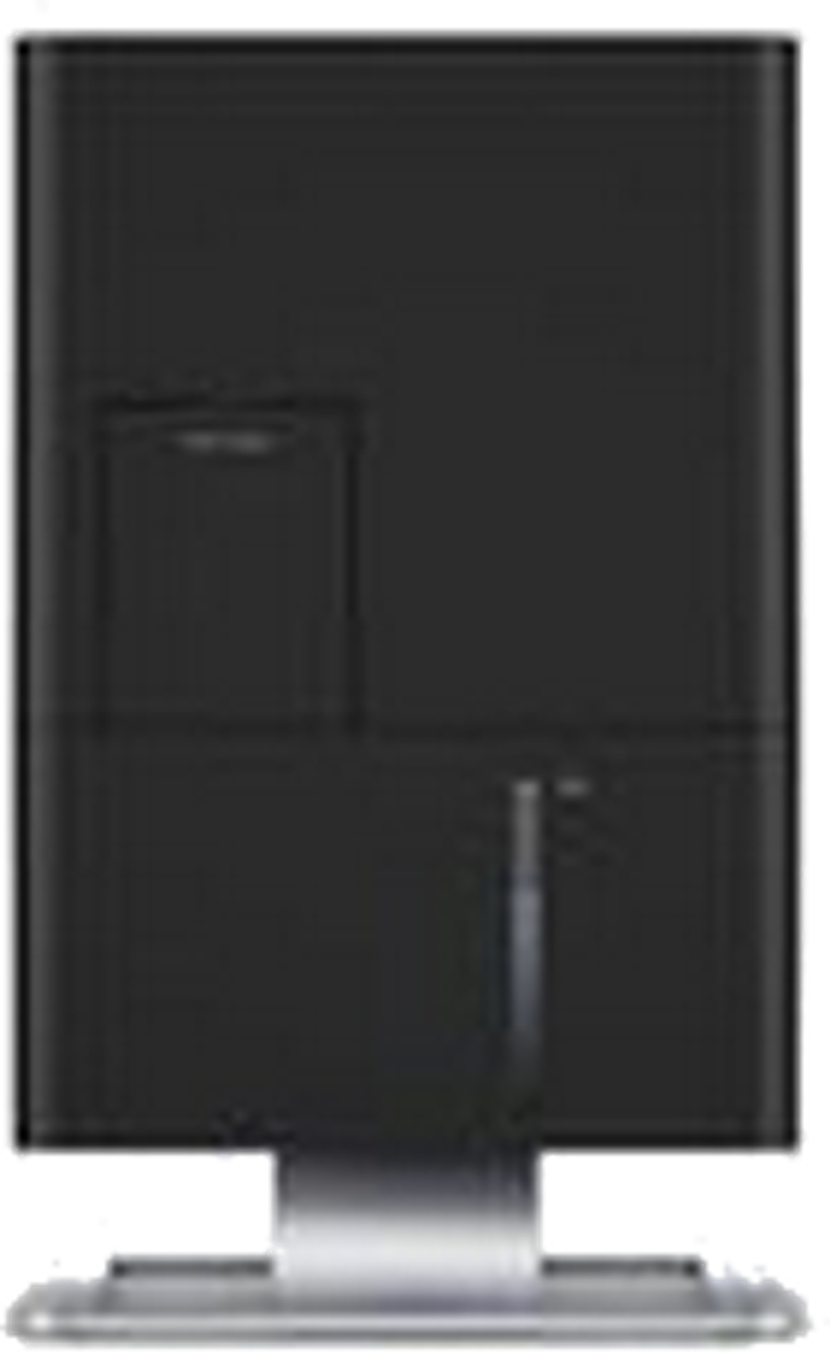 Black computer monitor back. It has cutouts for ports and a stand.