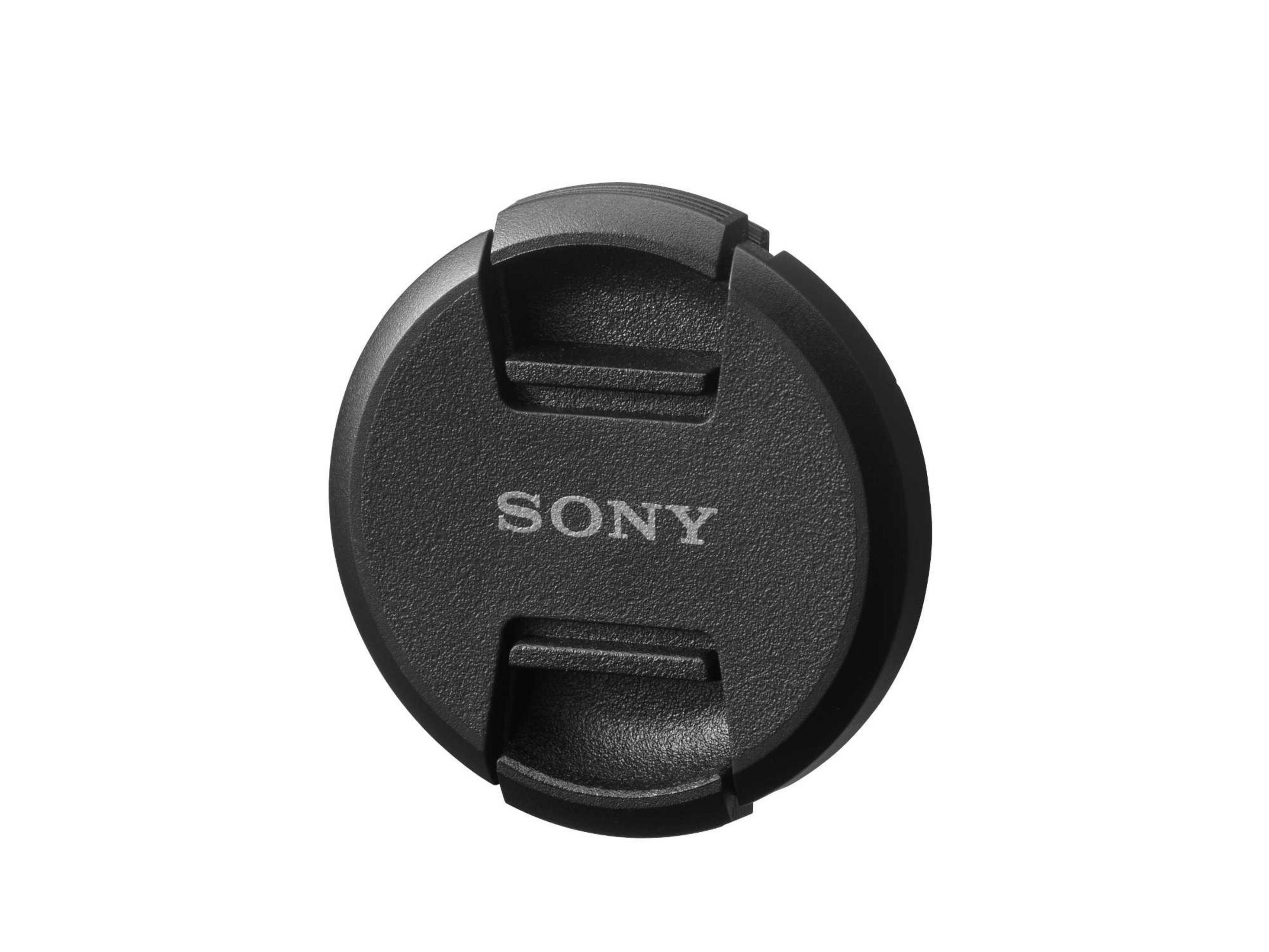 Czarna osłona obiektywu Sony, okrągła z logo Sony pośrodku.