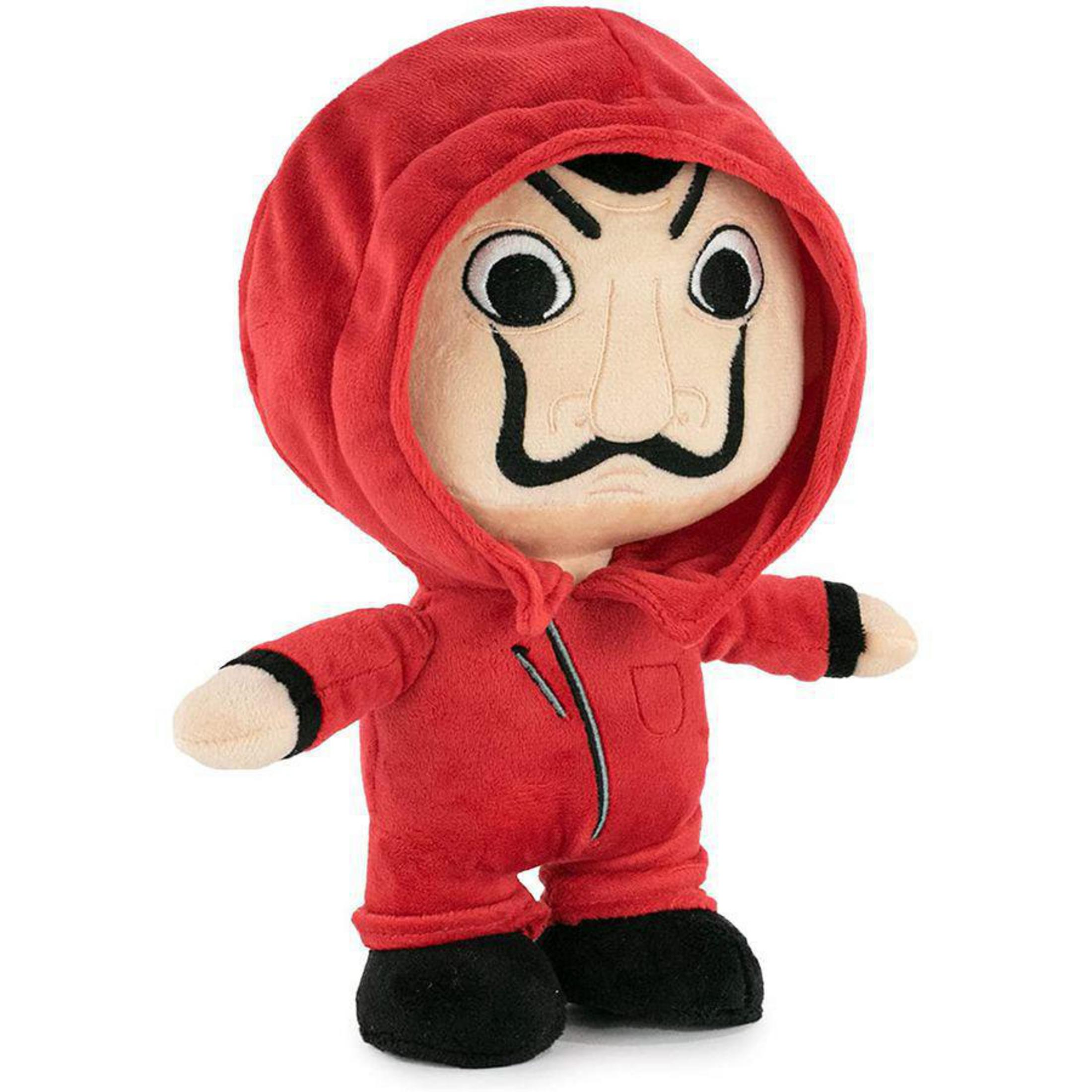 Stofftier einer Figur in rotem Overall und Maske.