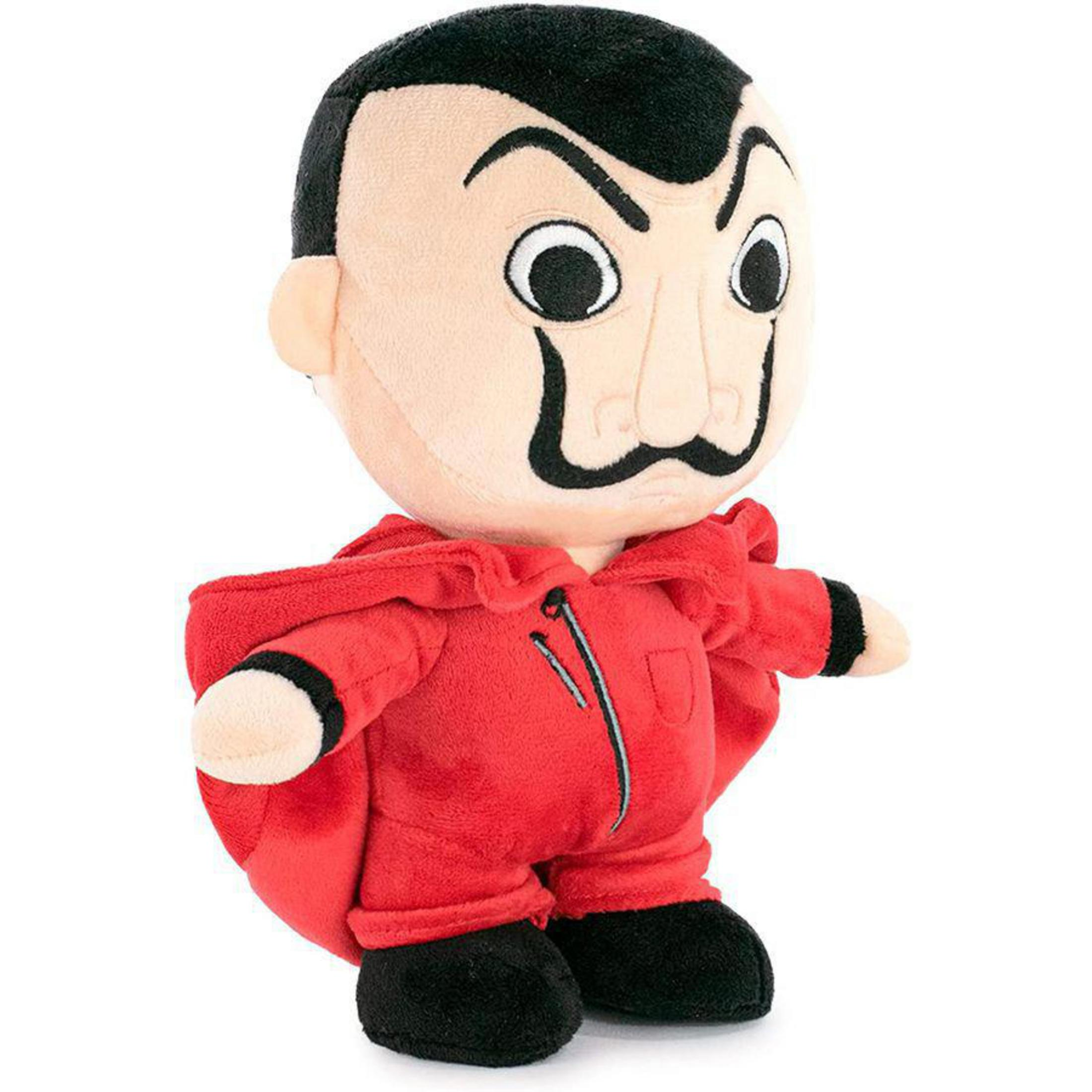 Eine Plüschpuppe in einem roten Overall und einer Maske, die der Figur aus La Casa de Papel ähnelt.