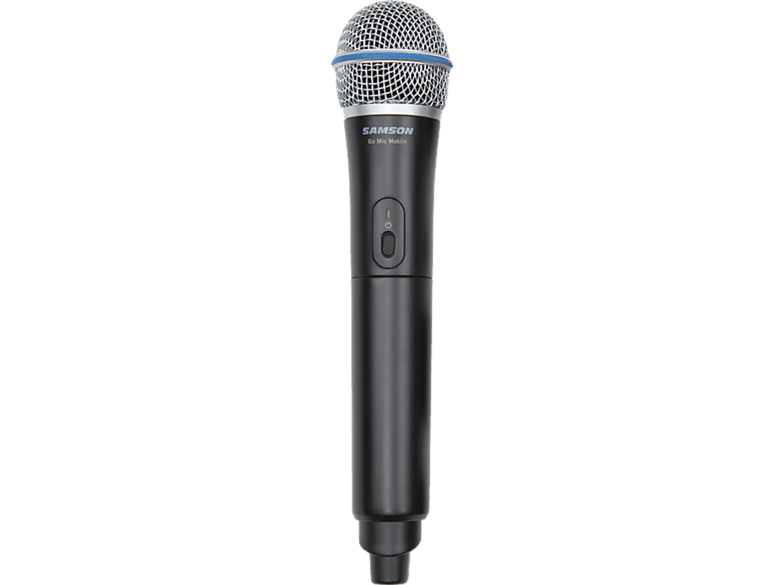 Microfono Samson Go Mic Mobile nero con testa in rete argentata e anello blu.